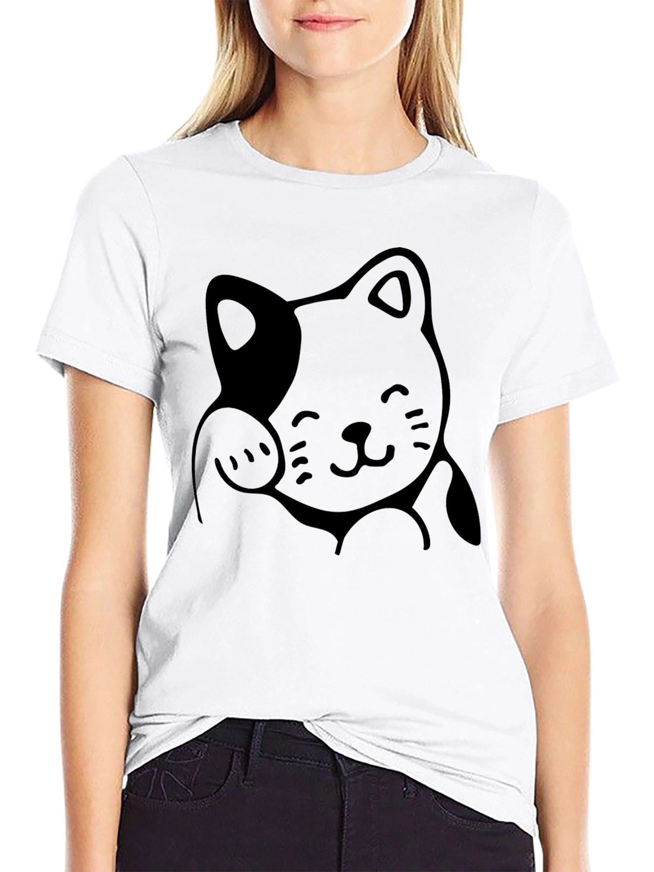 Cute Lucky Cat Graphic Tee - Black