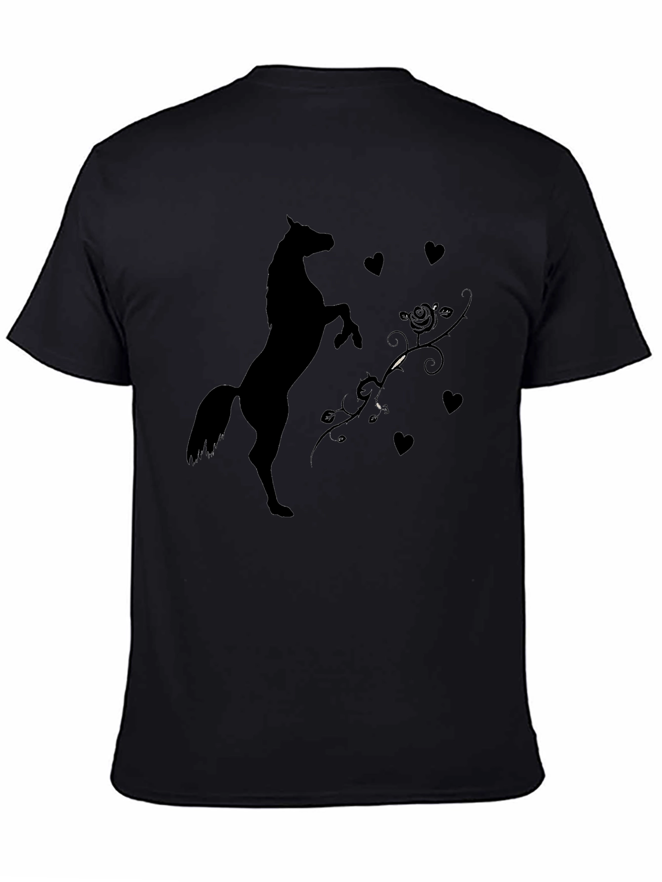 Black T-Shirt with Horse and Hearts Graphic