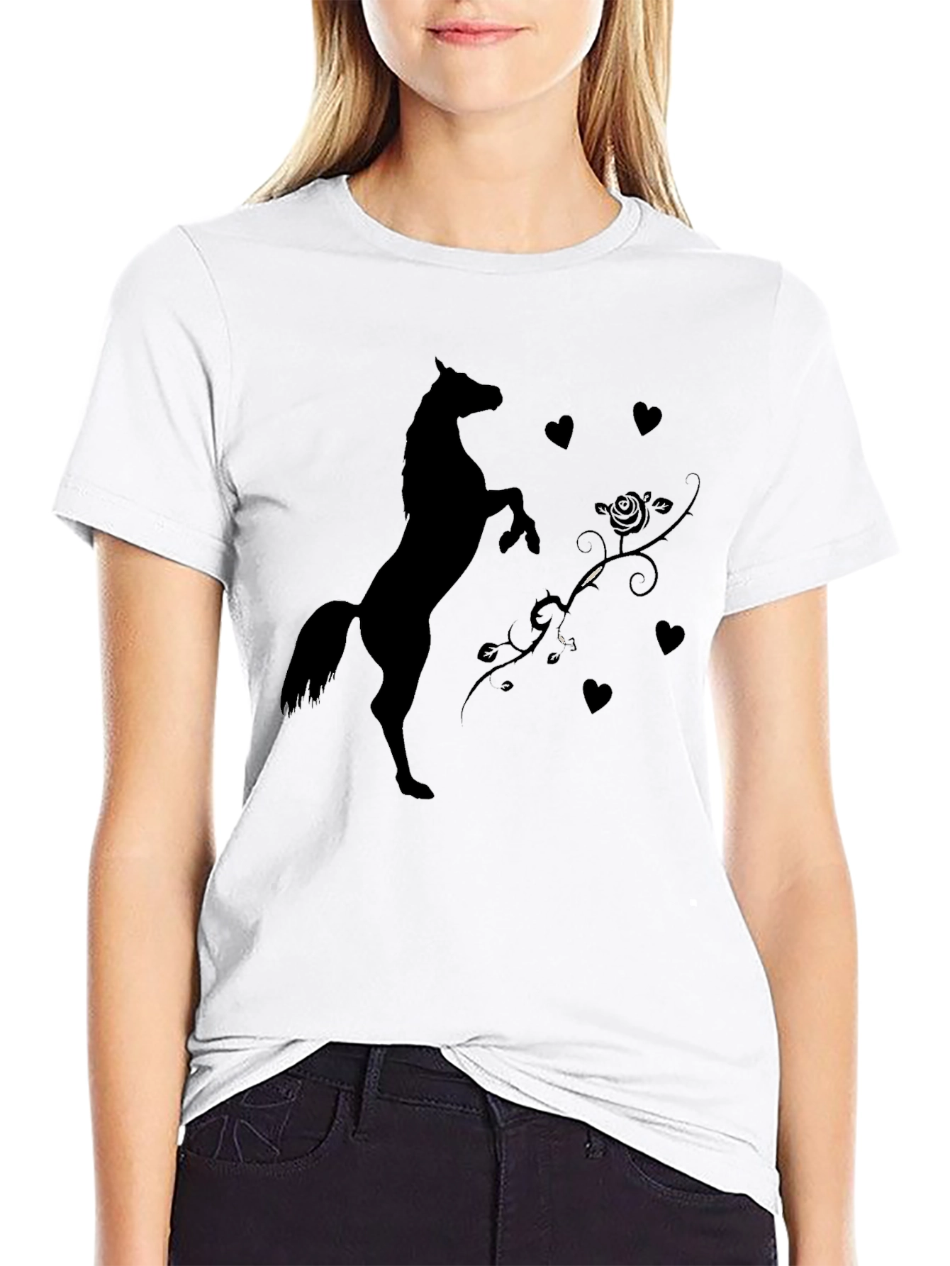 Black T-Shirt with Horse and Hearts Graphic