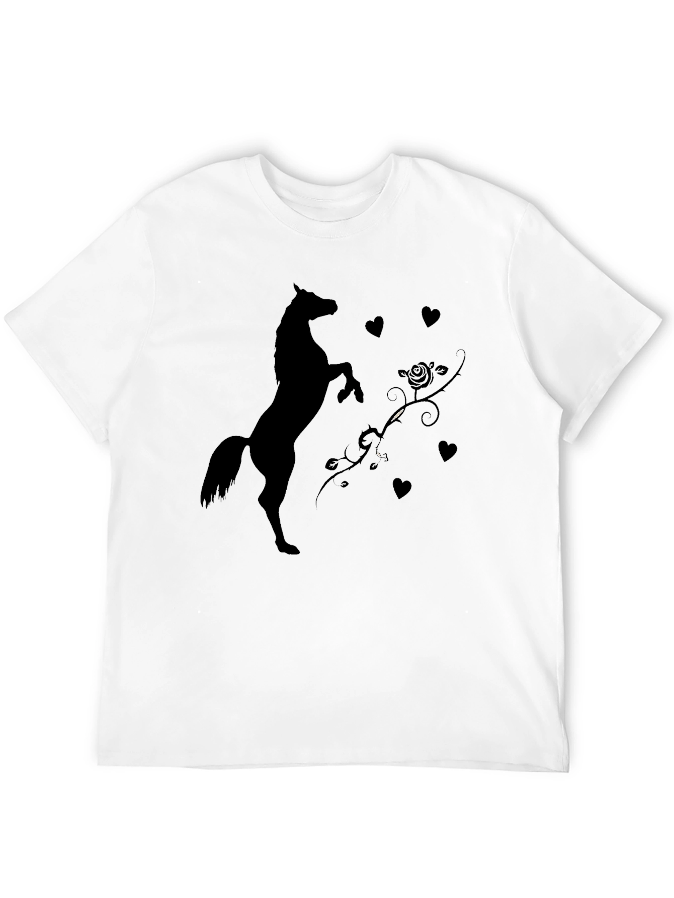 Black T-Shirt with Horse and Hearts Graphic