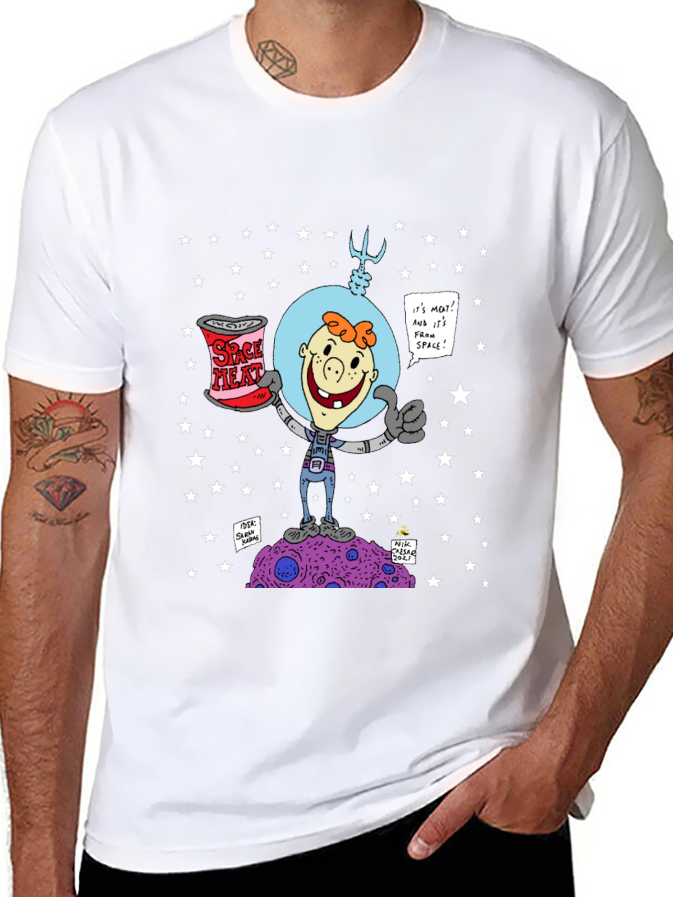 Space Meat T-Shirt: Cartoon Astronaut Design