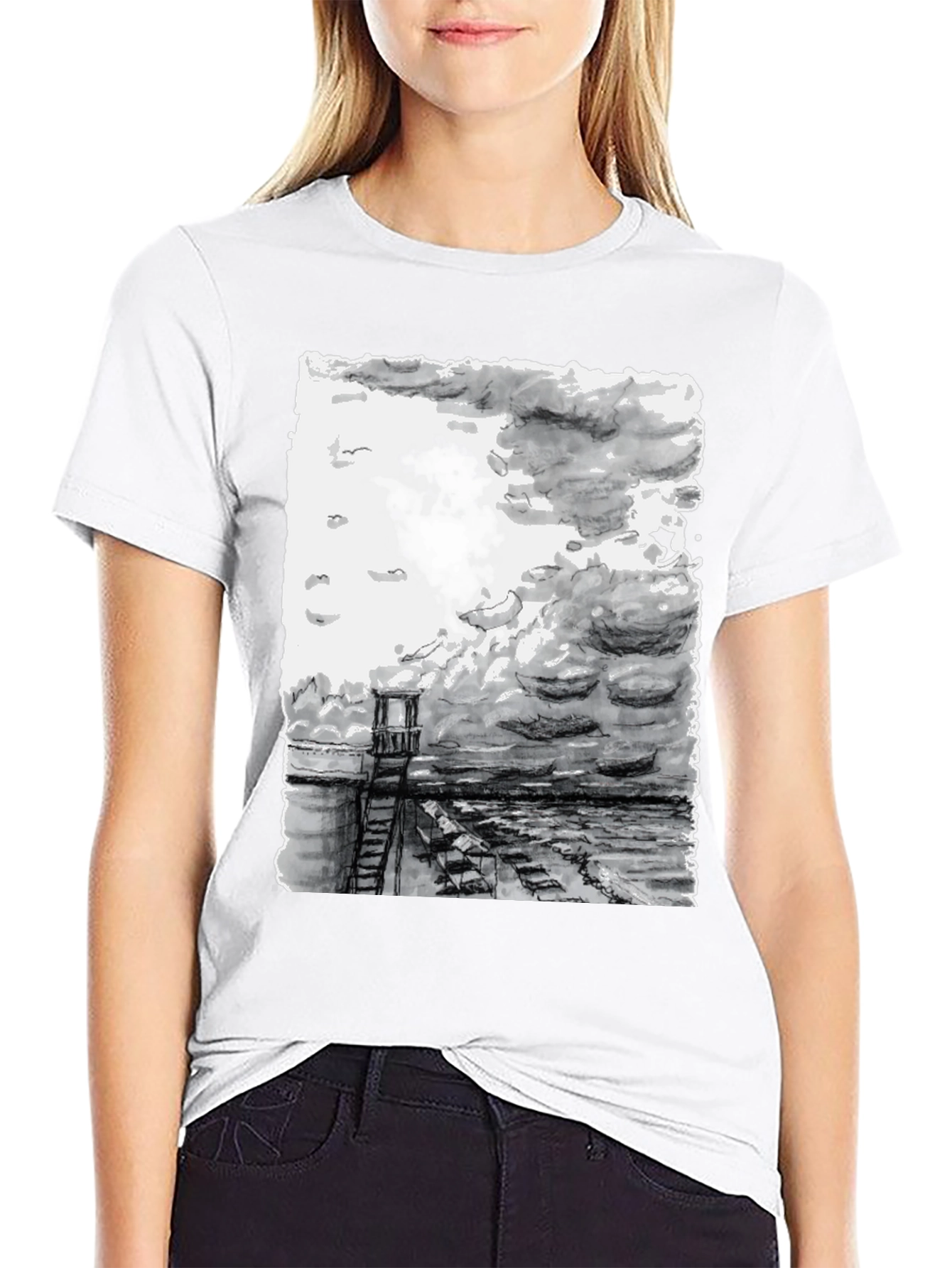 Monochrome Seaside Sketch Tee