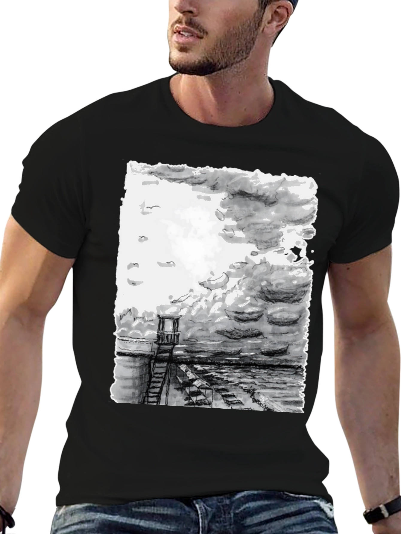 Monochrome Seaside Sketch Tee