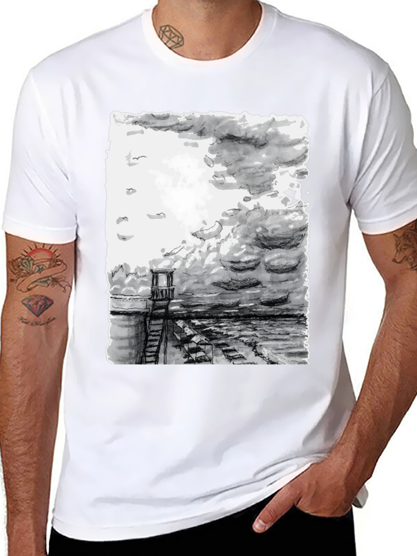 Monochrome Seaside Sketch Tee