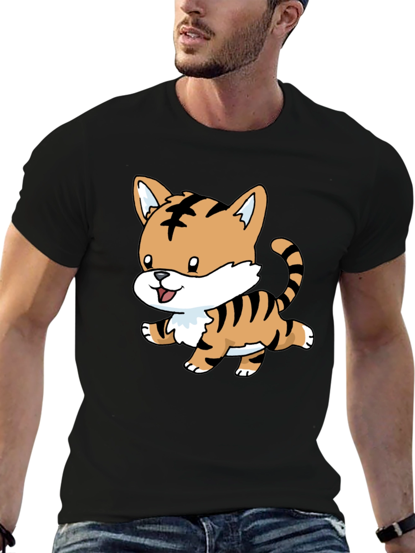 Cute Tiger Graphic Tee - Black Cotton Shirt