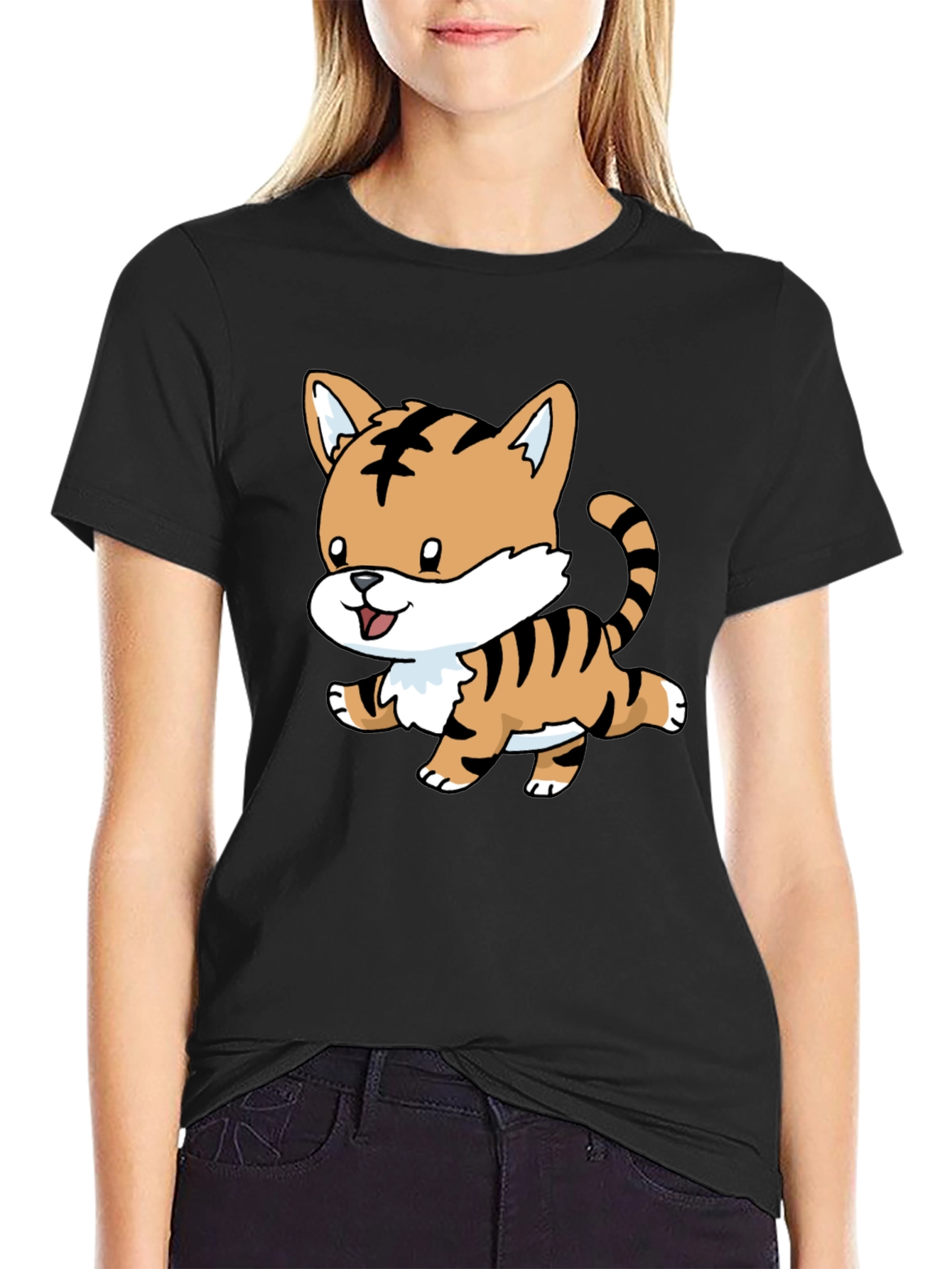 Cute Tiger Graphic Tee - Black Cotton Shirt