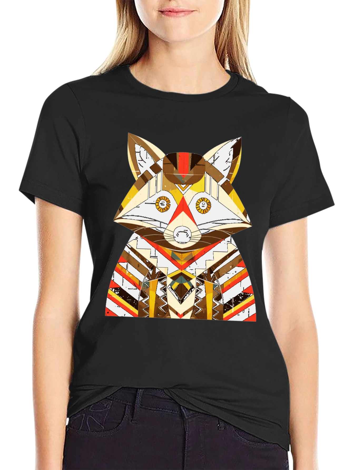 Geometric Fox Graphic Black T-Shirt