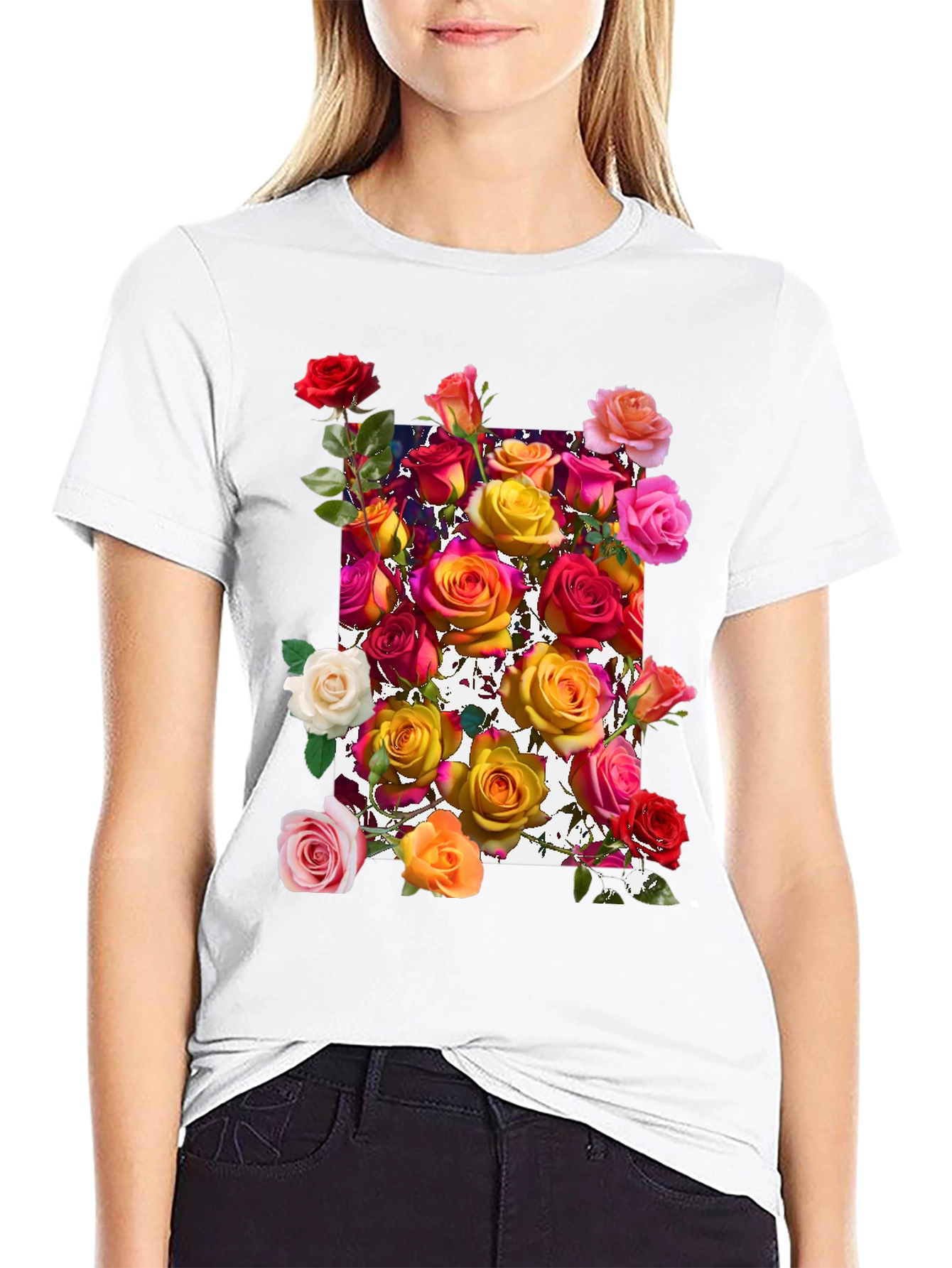 Floral Roses Graphic Tee - Black Cotton Blend