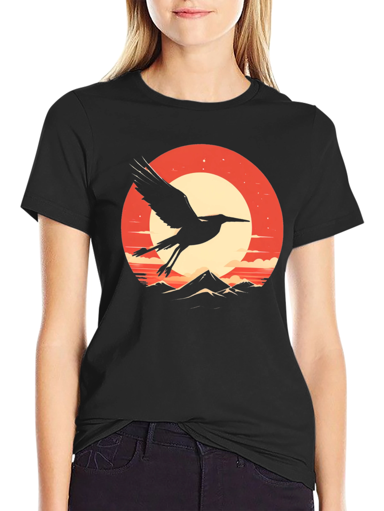 Crane Sunset Graphic Tee - Stylish Black T-Shirt