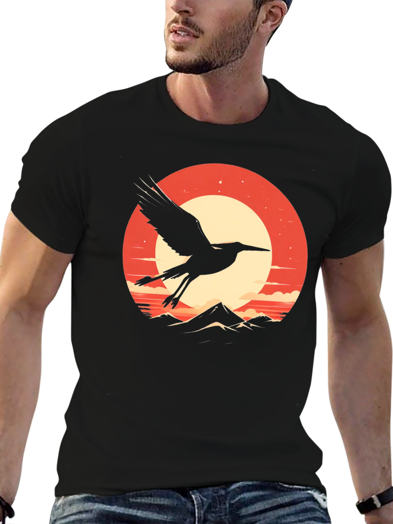 Crane Sunset Graphic Tee - Stylish Black T-Shirt