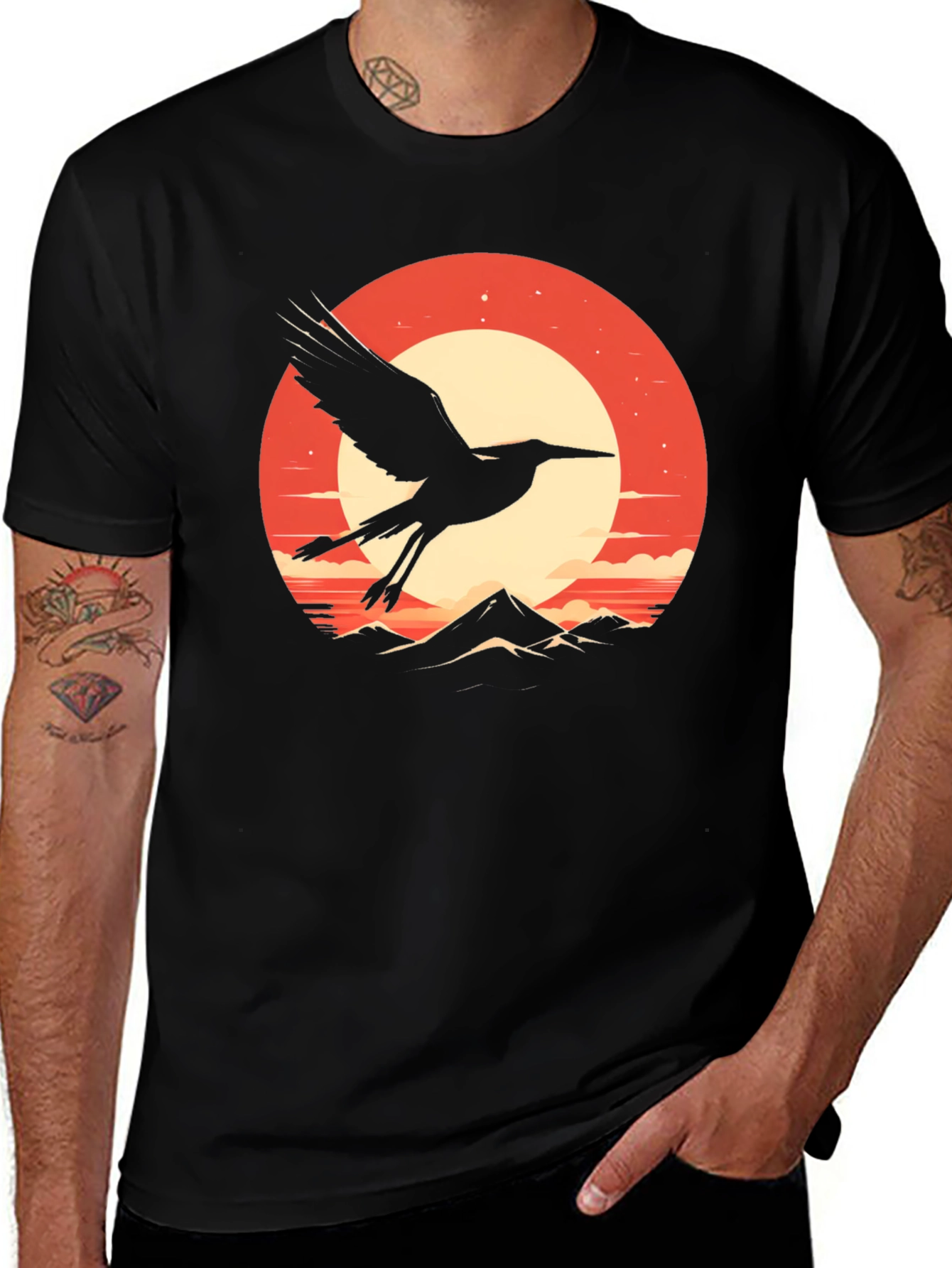 Crane Sunset Graphic Tee - Stylish Black T-Shirt