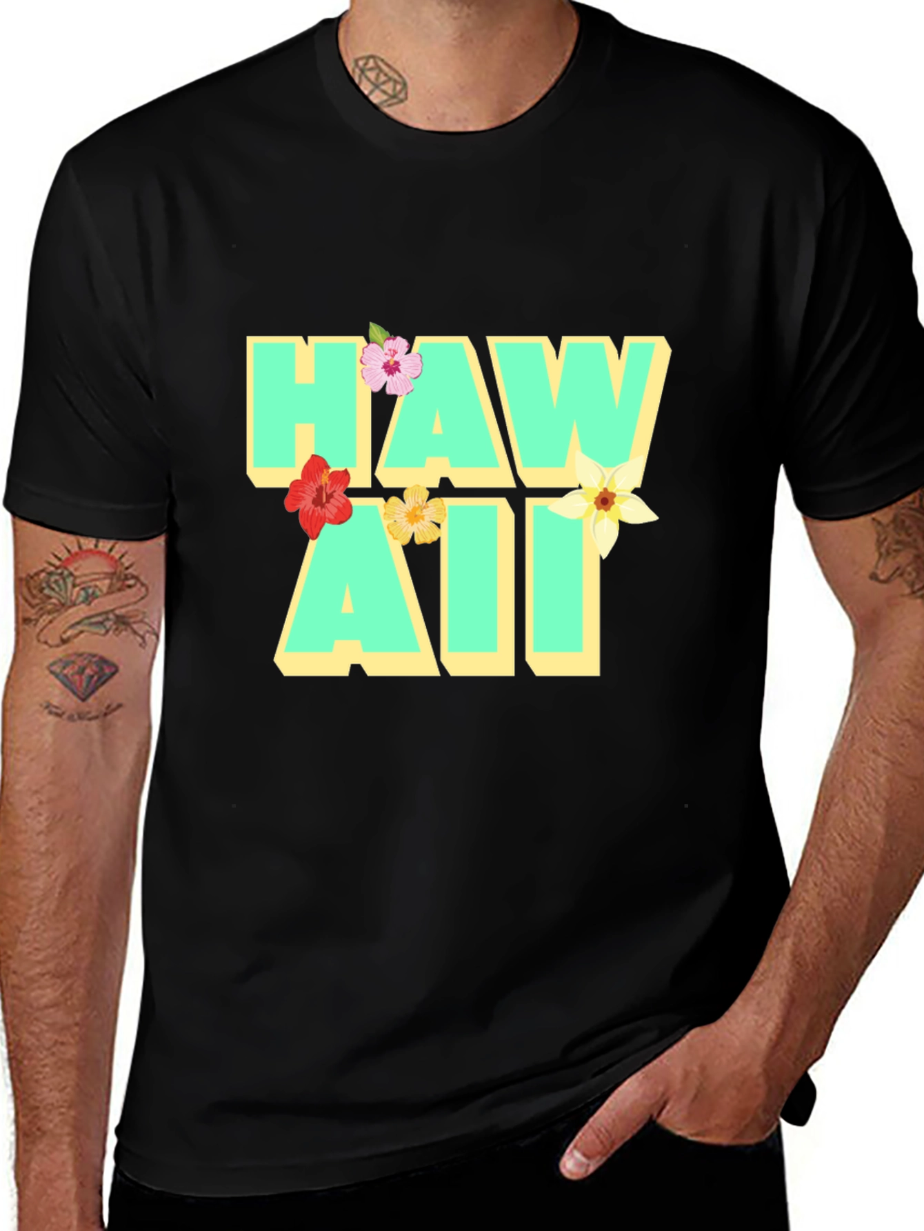 Hawaii Floral Graphic Black T-Shirt