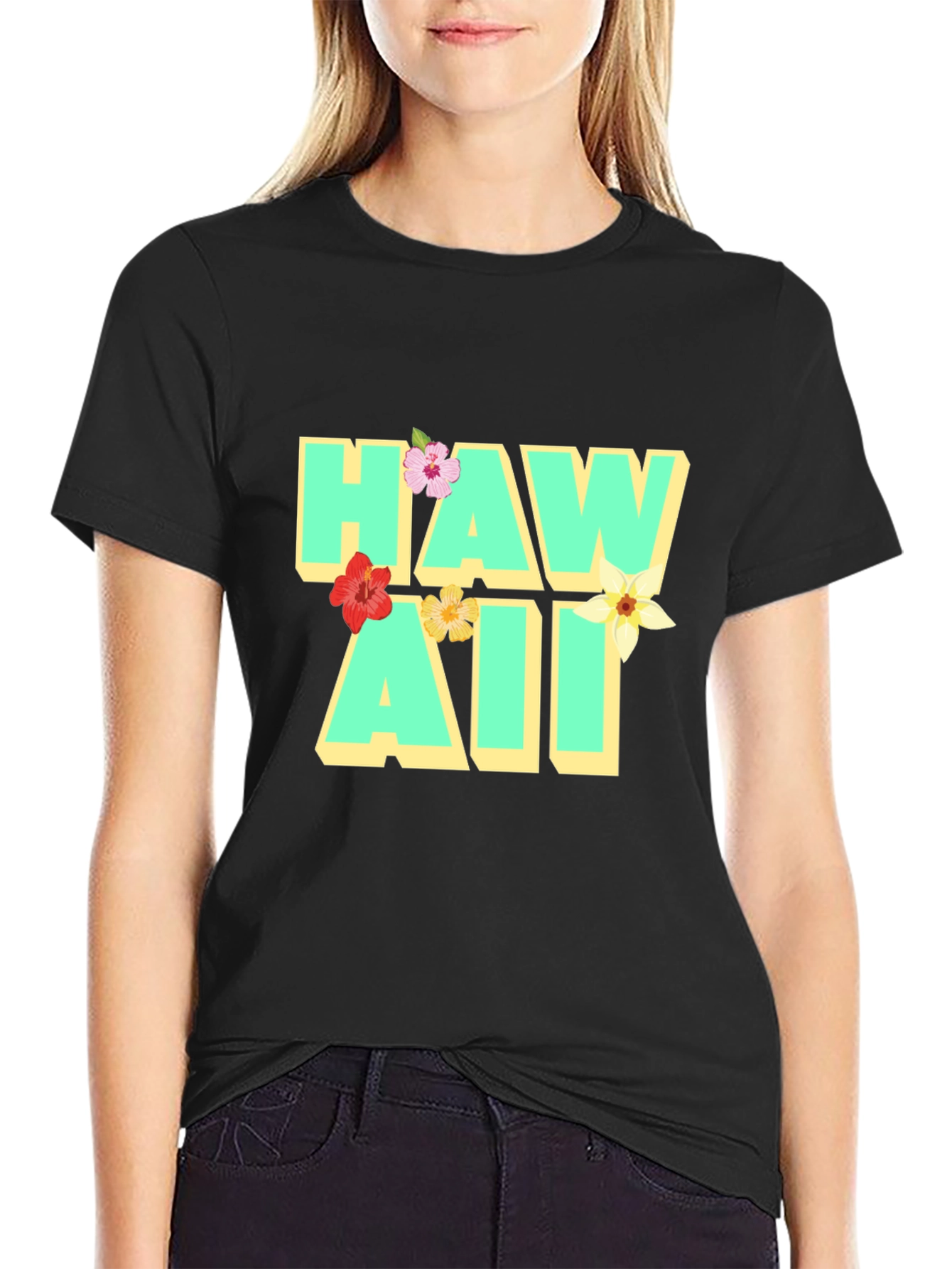 Hawaii Floral Graphic Black T-Shirt
