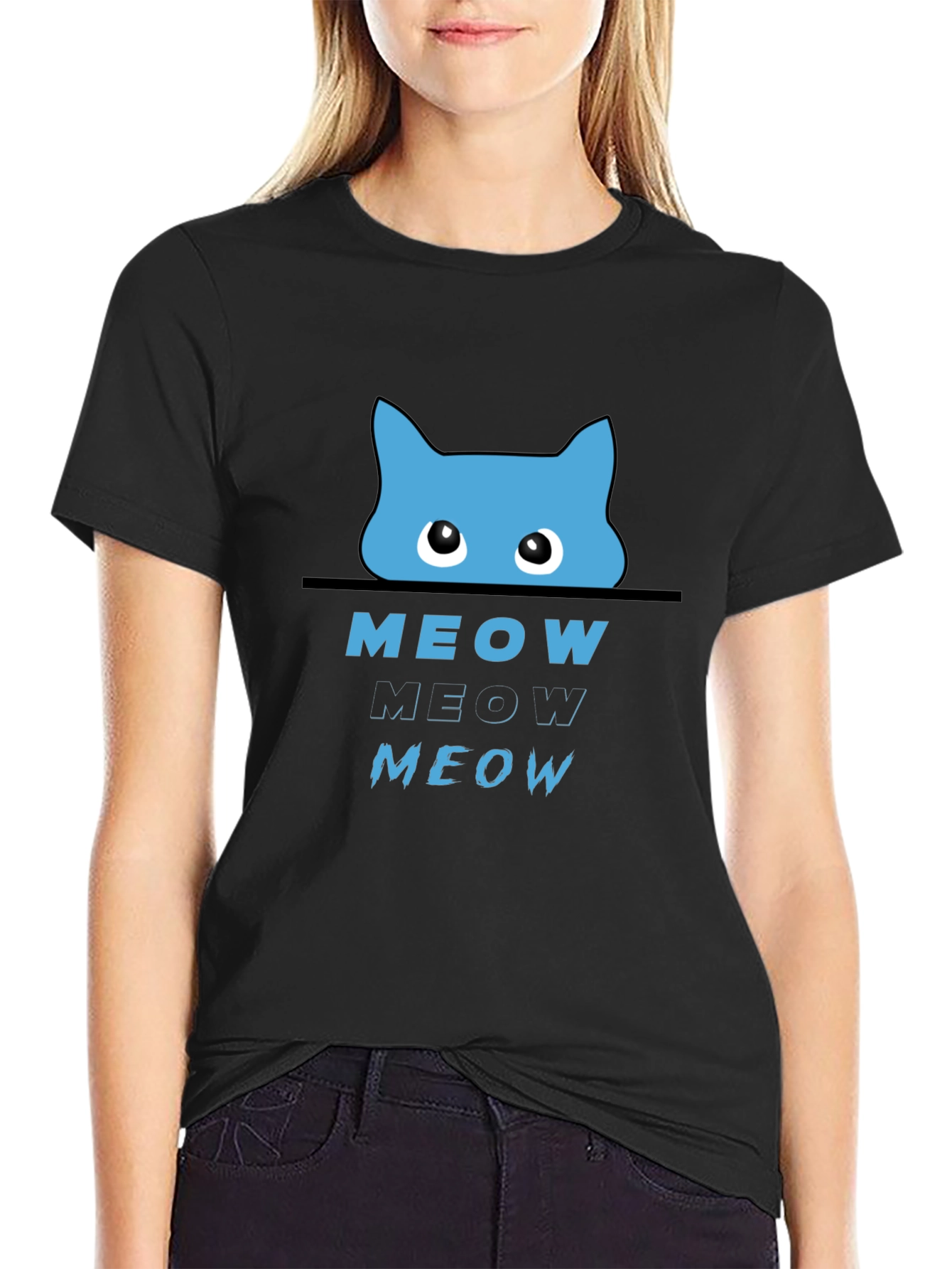 Meow Cat Graphic T-Shirt - Black
