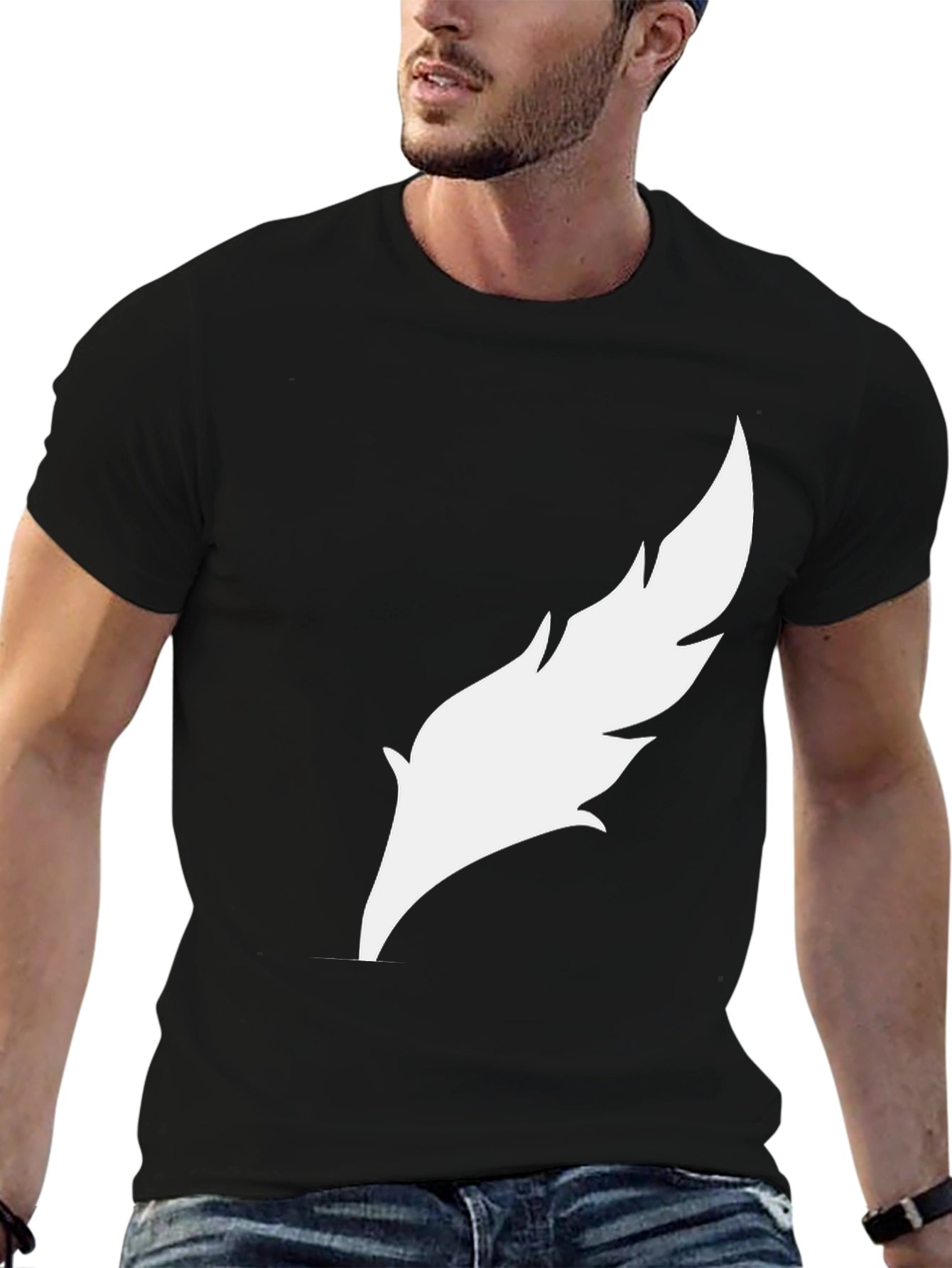 Mens Black T-Shirt with White Feather Graphic