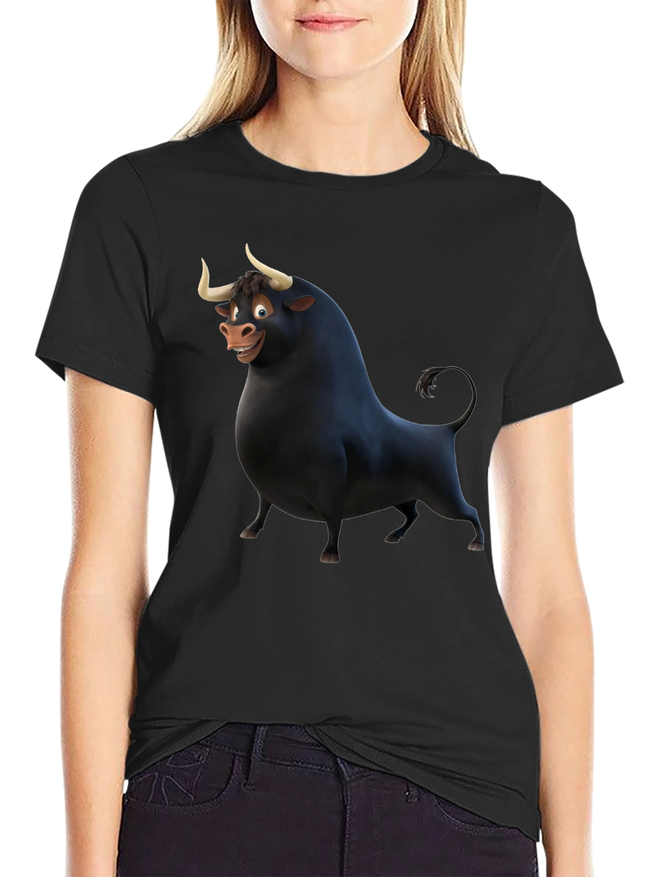 Cartoon Bull Graphic Black T-Shirt