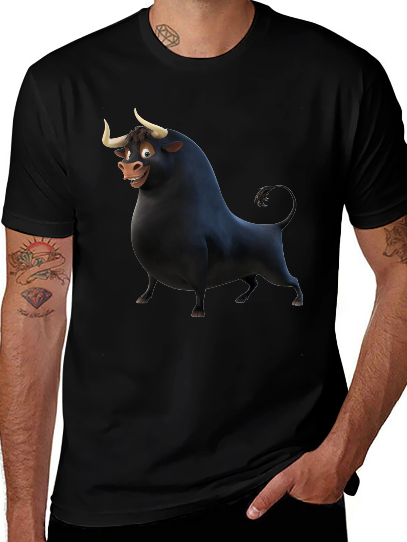 Cartoon Bull Graphic Black T-Shirt
