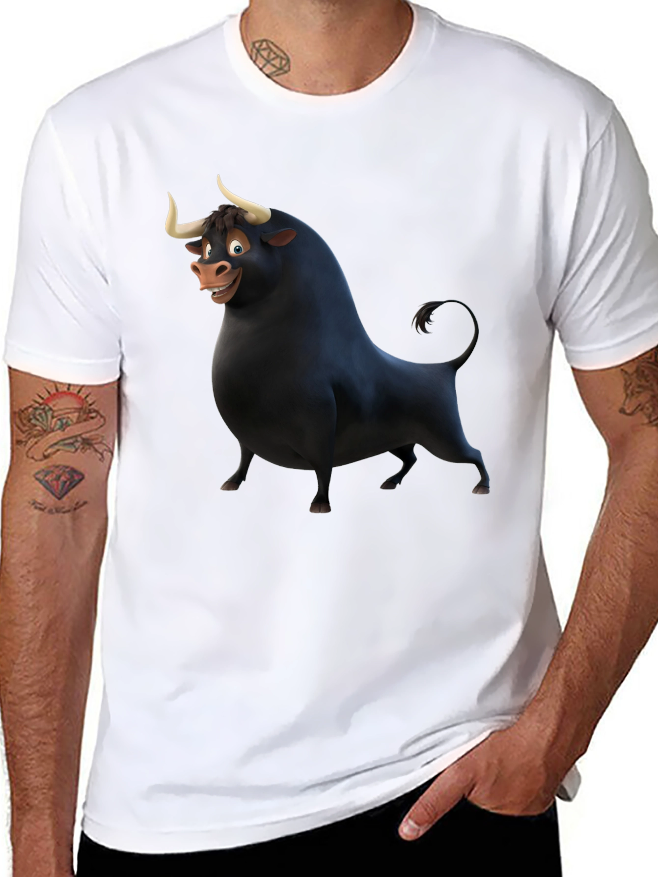 Cartoon Bull Graphic Black T-Shirt