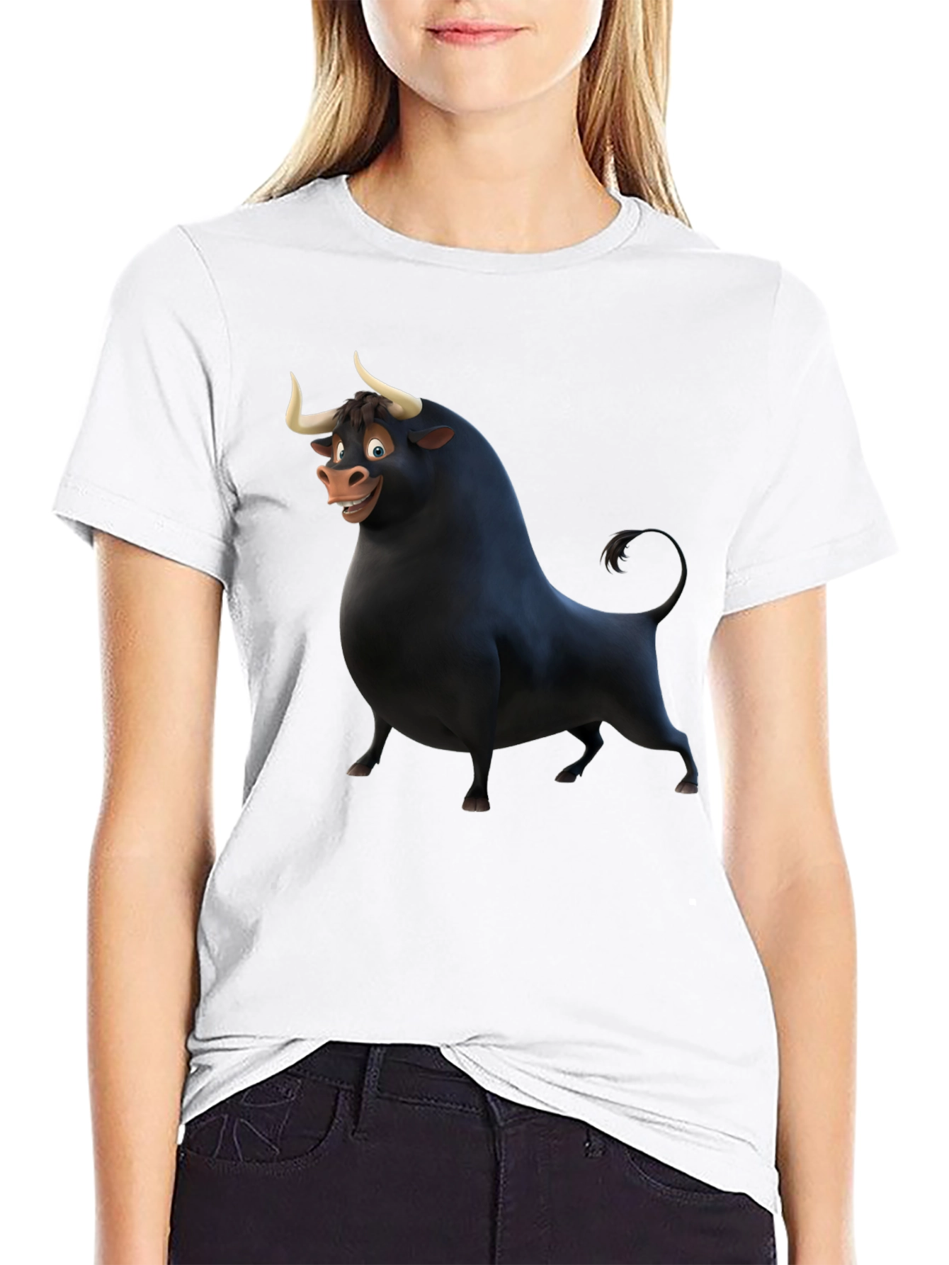 Cartoon Bull Graphic Black T-Shirt