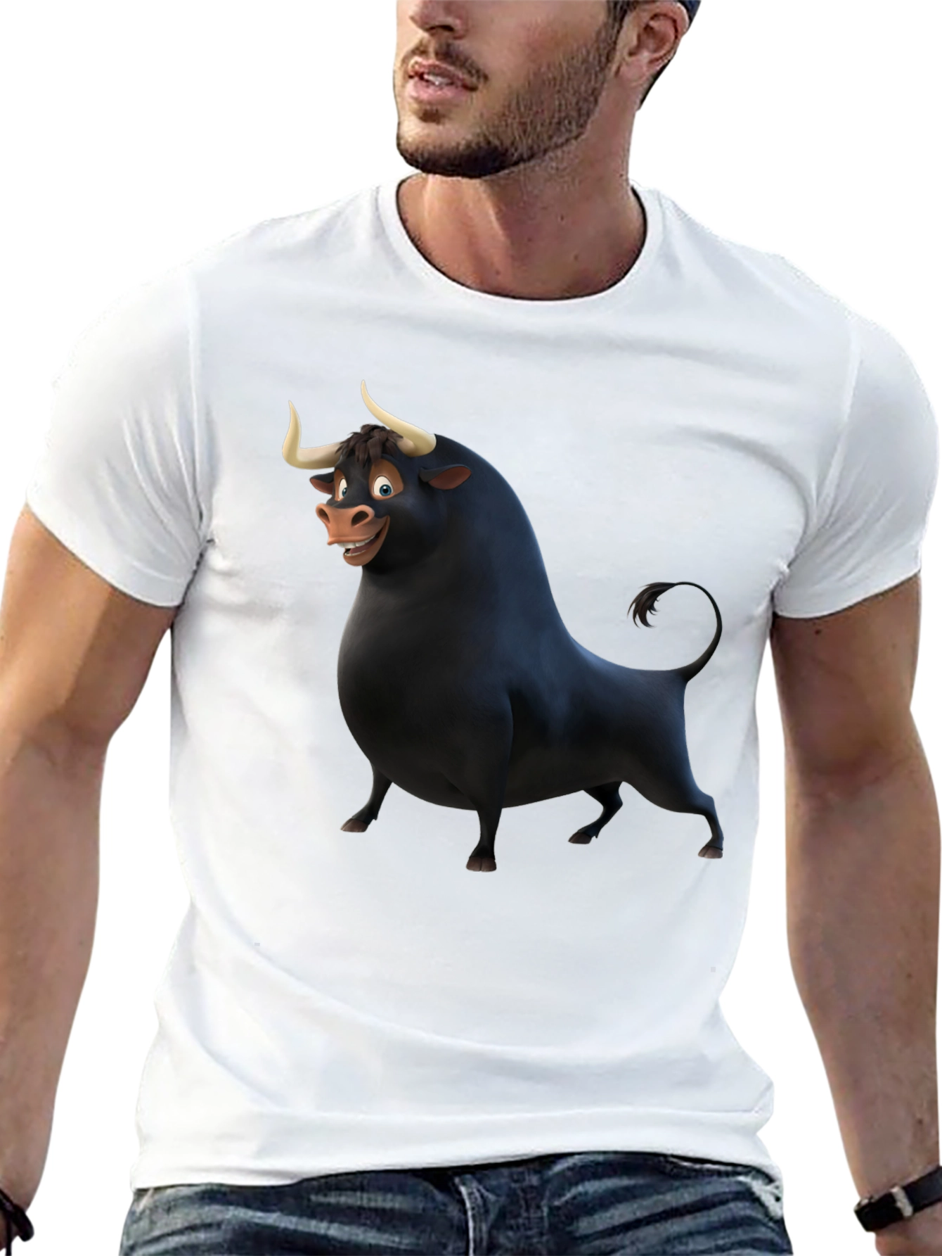 Cartoon Bull Graphic Black T-Shirt