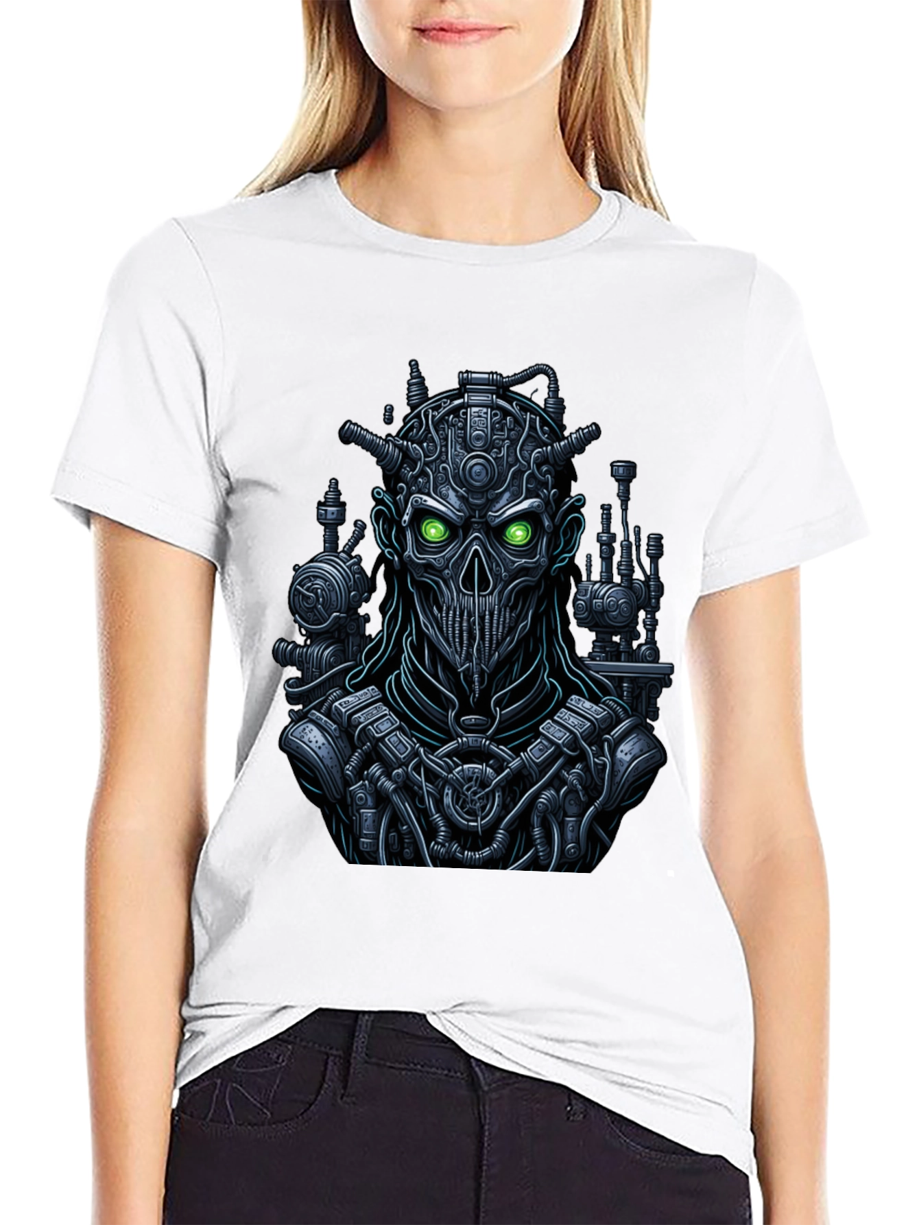 Steampunk Robot Skull Graphic Tee - Black