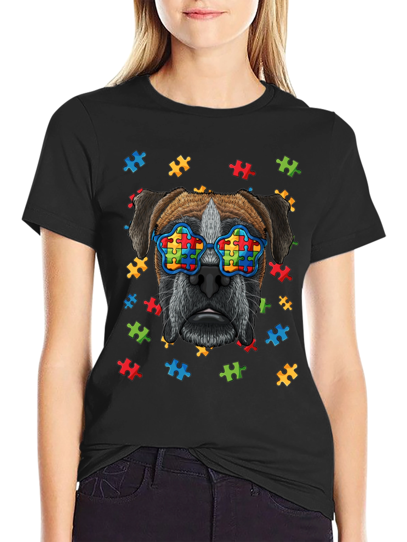 Dog with Autism Awareness Puzzle Glasses T-Shirt