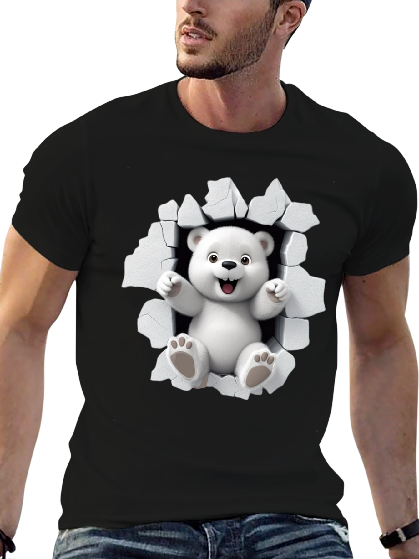 Cute Polar Bear 3D Graphic Black T-Shirt