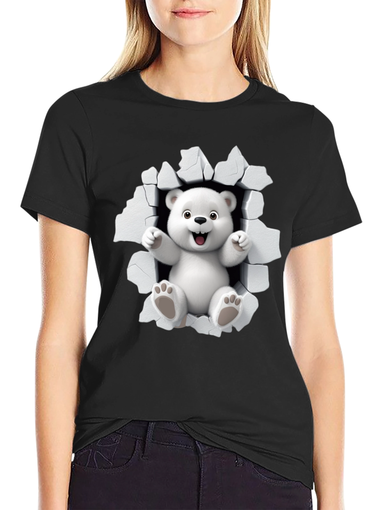 Cute Polar Bear 3D Graphic Black T-Shirt