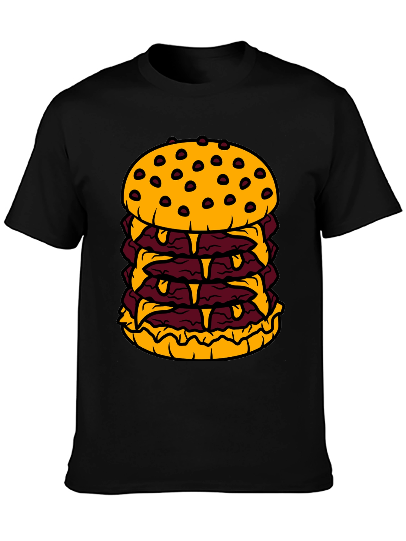 Humorous Cartoon Burger Graphic Black T-Shirt