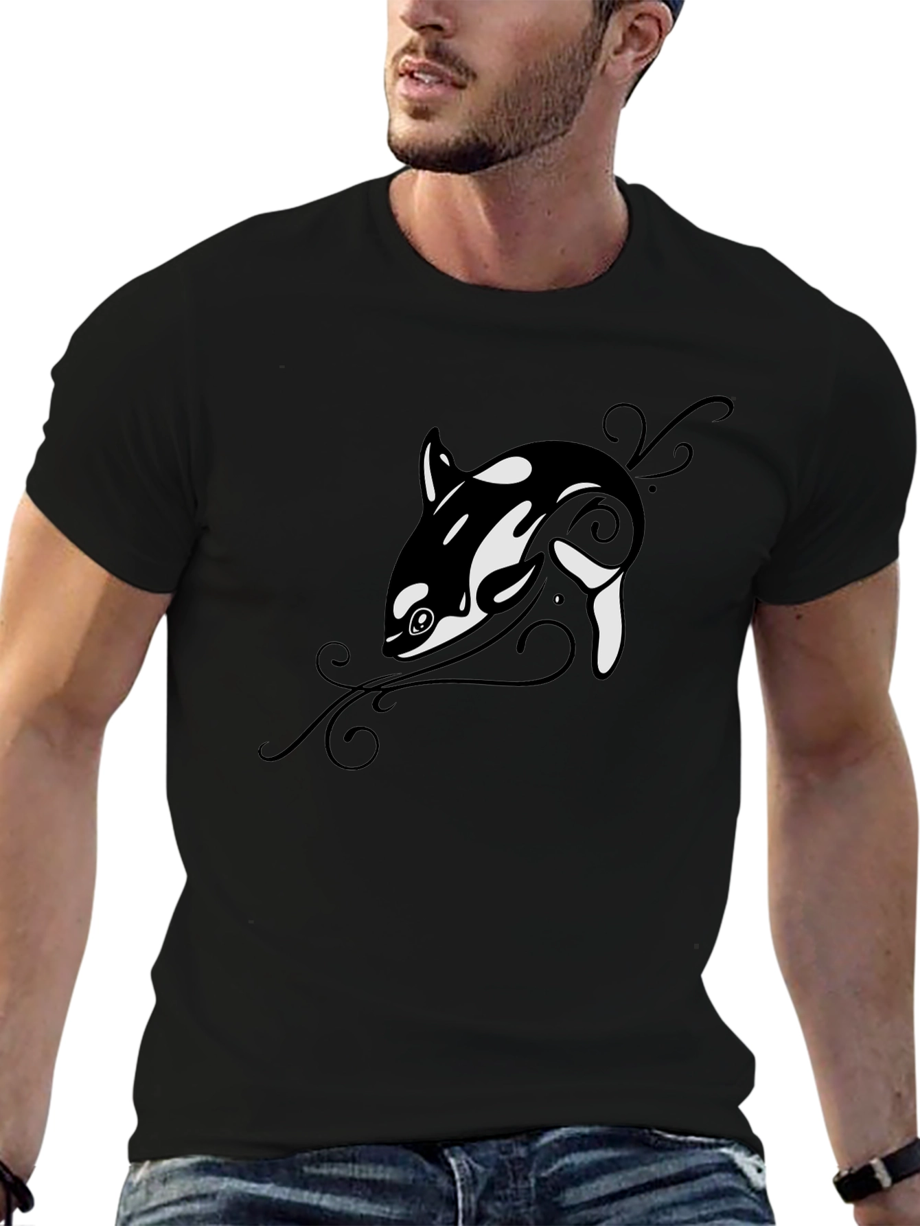 Orca Whale Graphic Tee - Black Cotton T-Shirt
