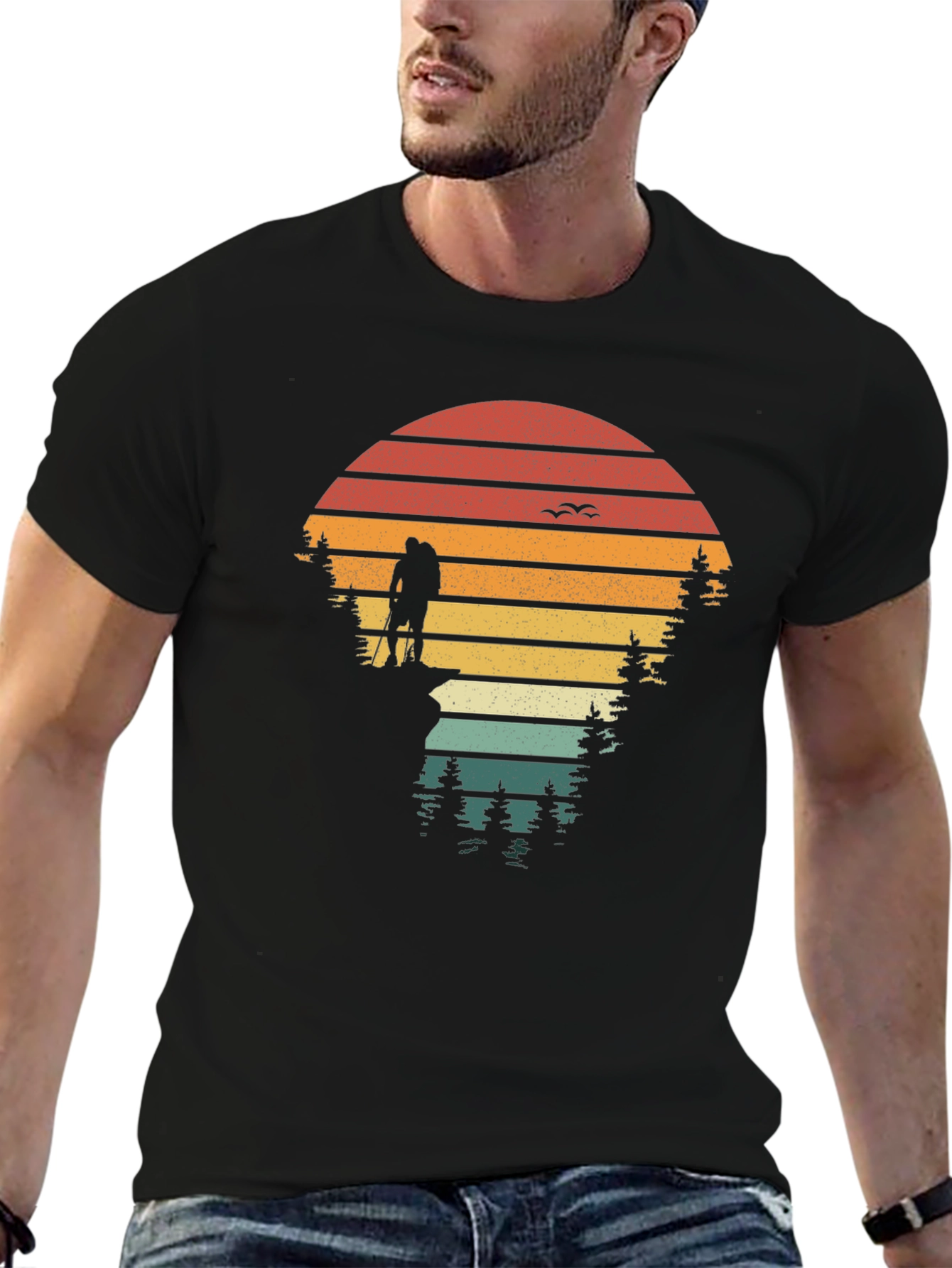 Nature Hiker Graphic Tee - Retro Sunset Design