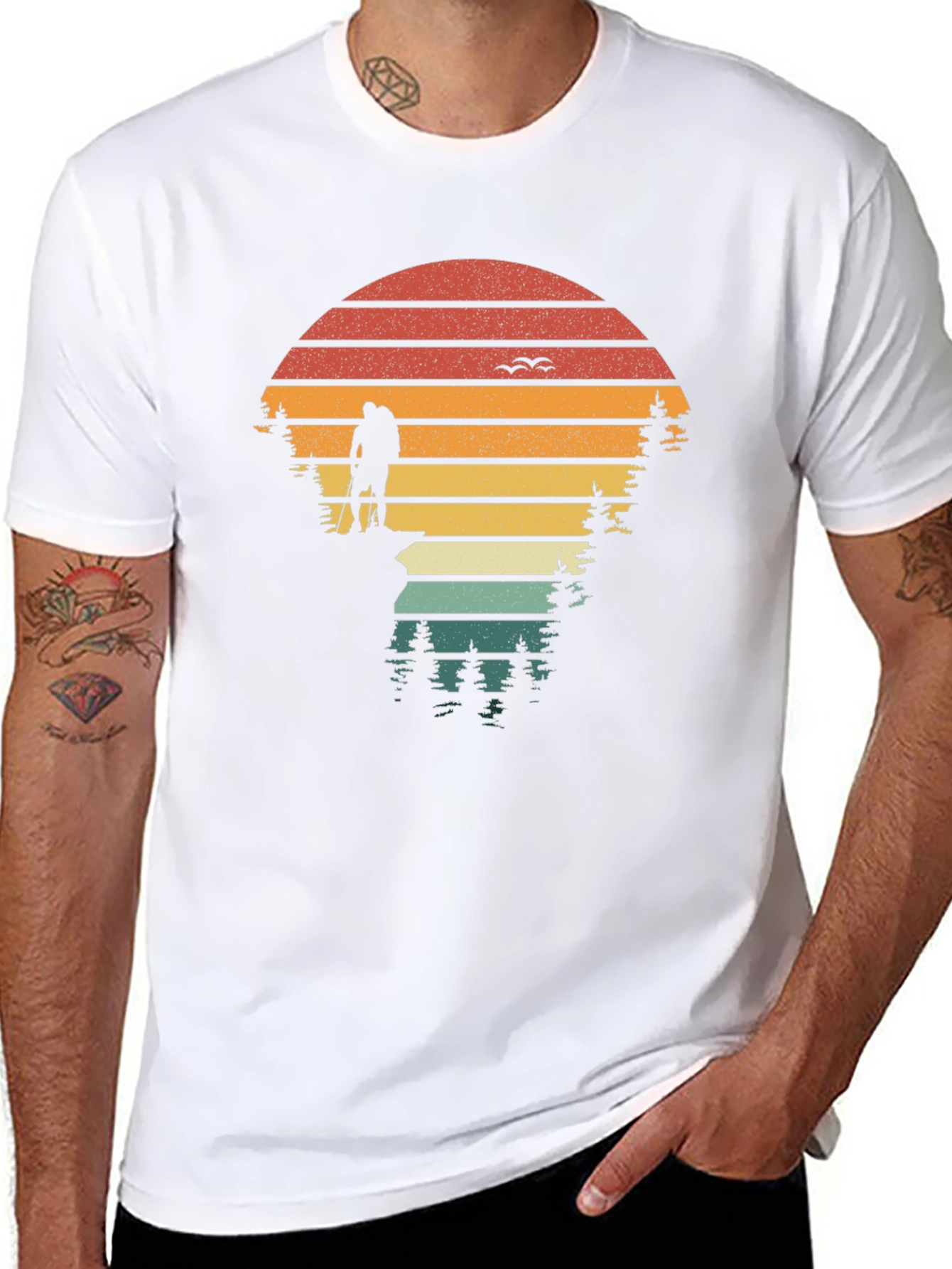 Nature Hiker Graphic Tee - Retro Sunset Design