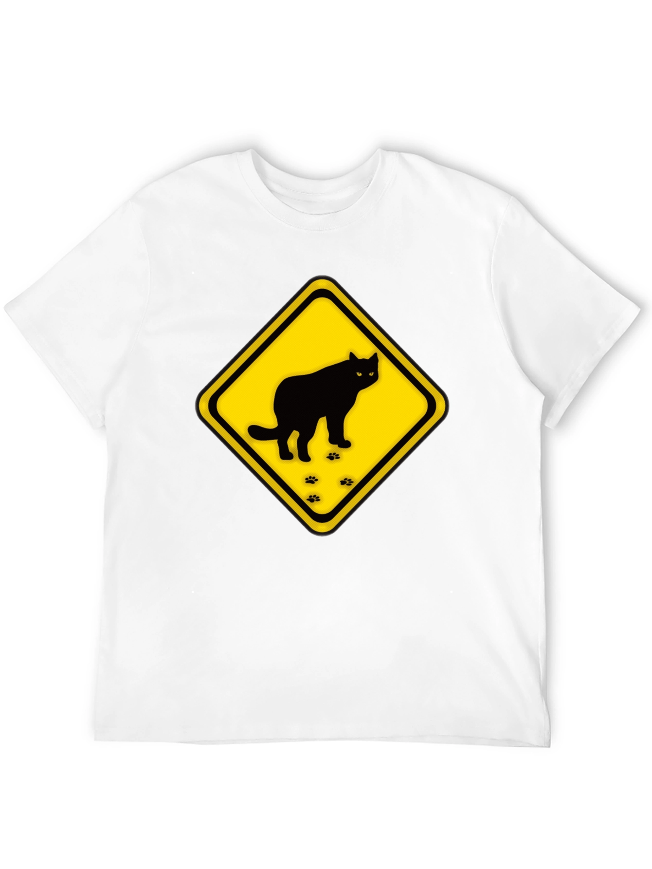 Caution Cat Crossing Black T-Shirt