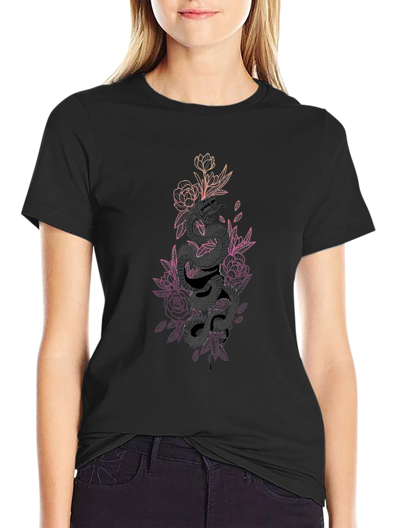 Floral Snake Print T-Shirt - Black