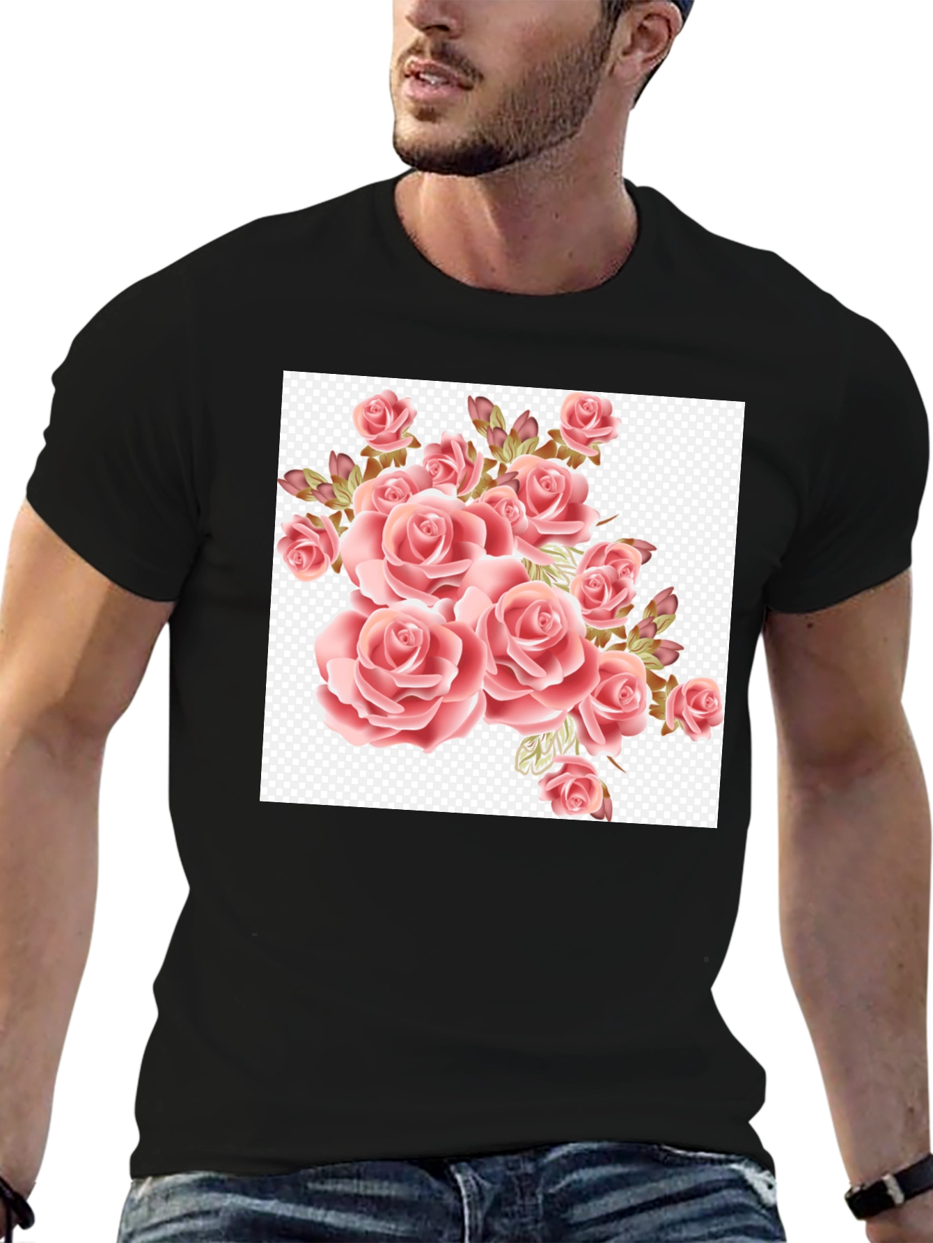 Floral Rose Print Black T-Shirt