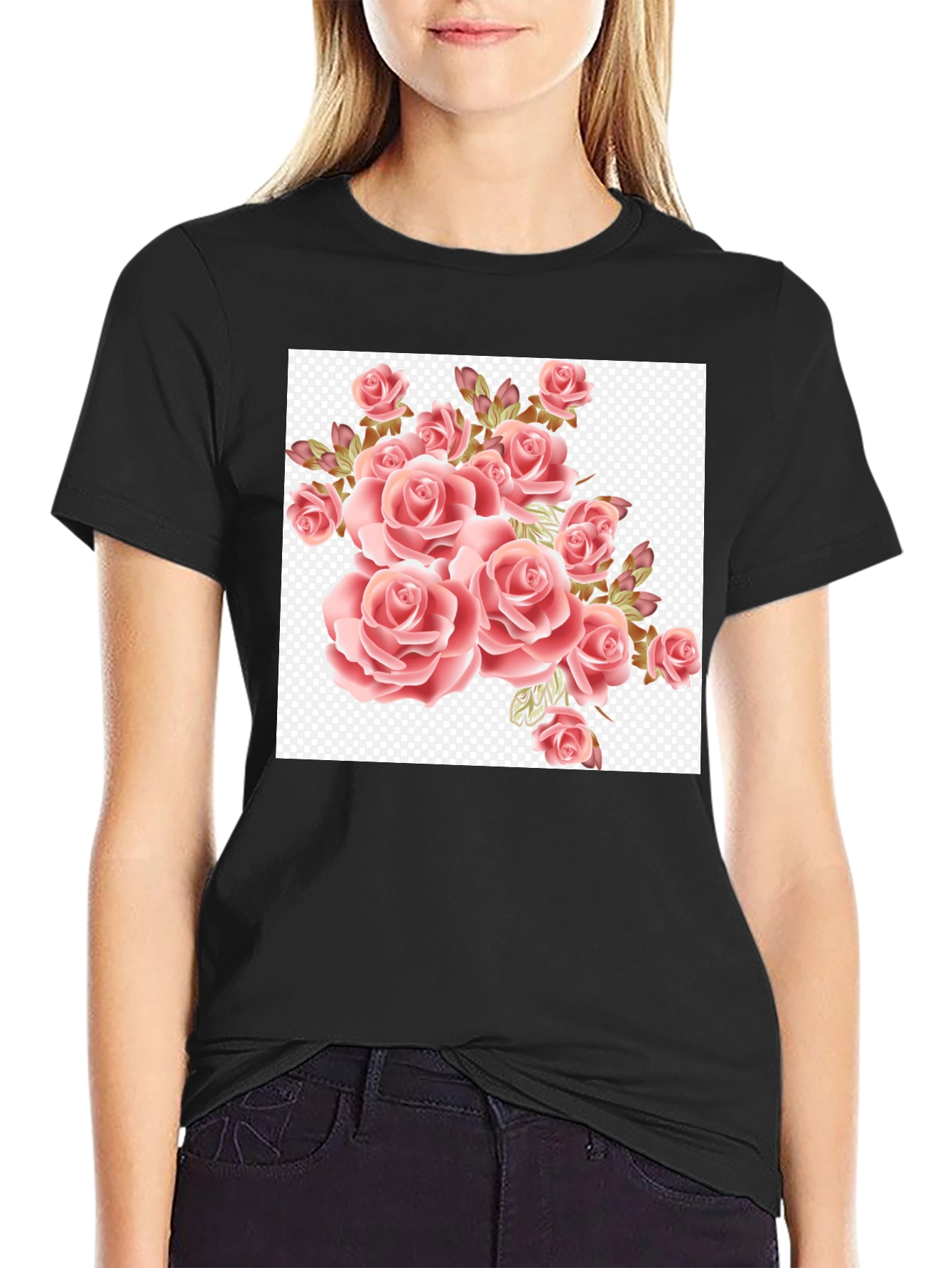 Floral Rose Print Black T-Shirt