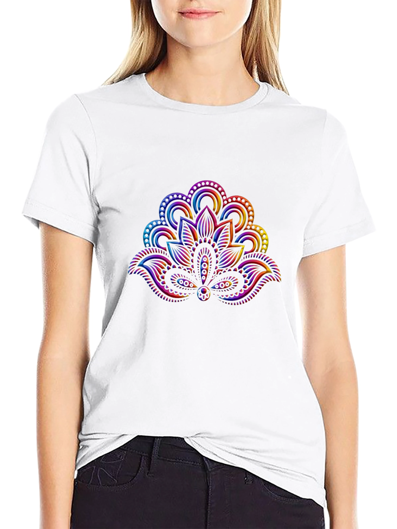 Rainbow Lotus Flower Graphic Black T-Shirt