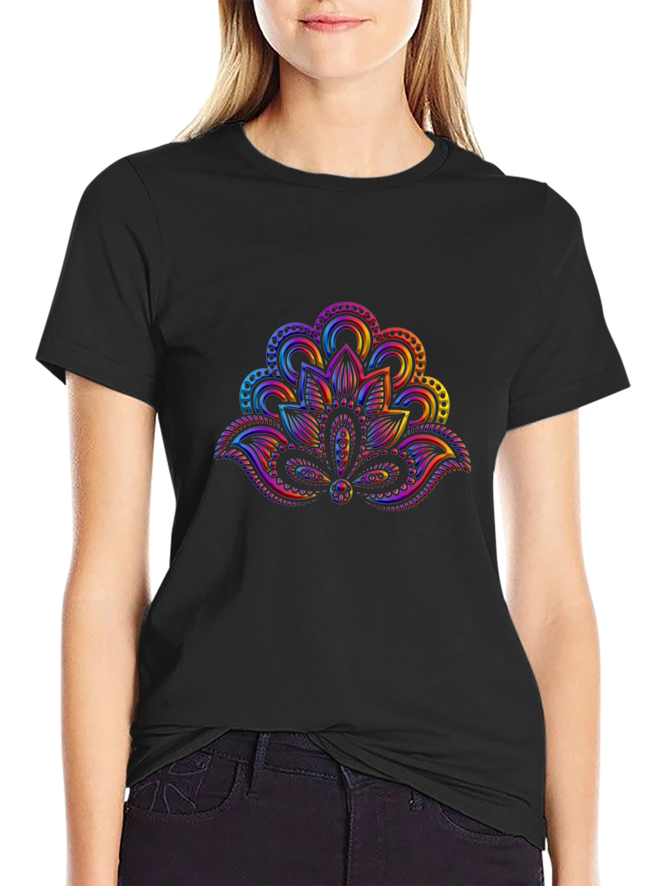 Rainbow Lotus Flower Graphic Black T-Shirt