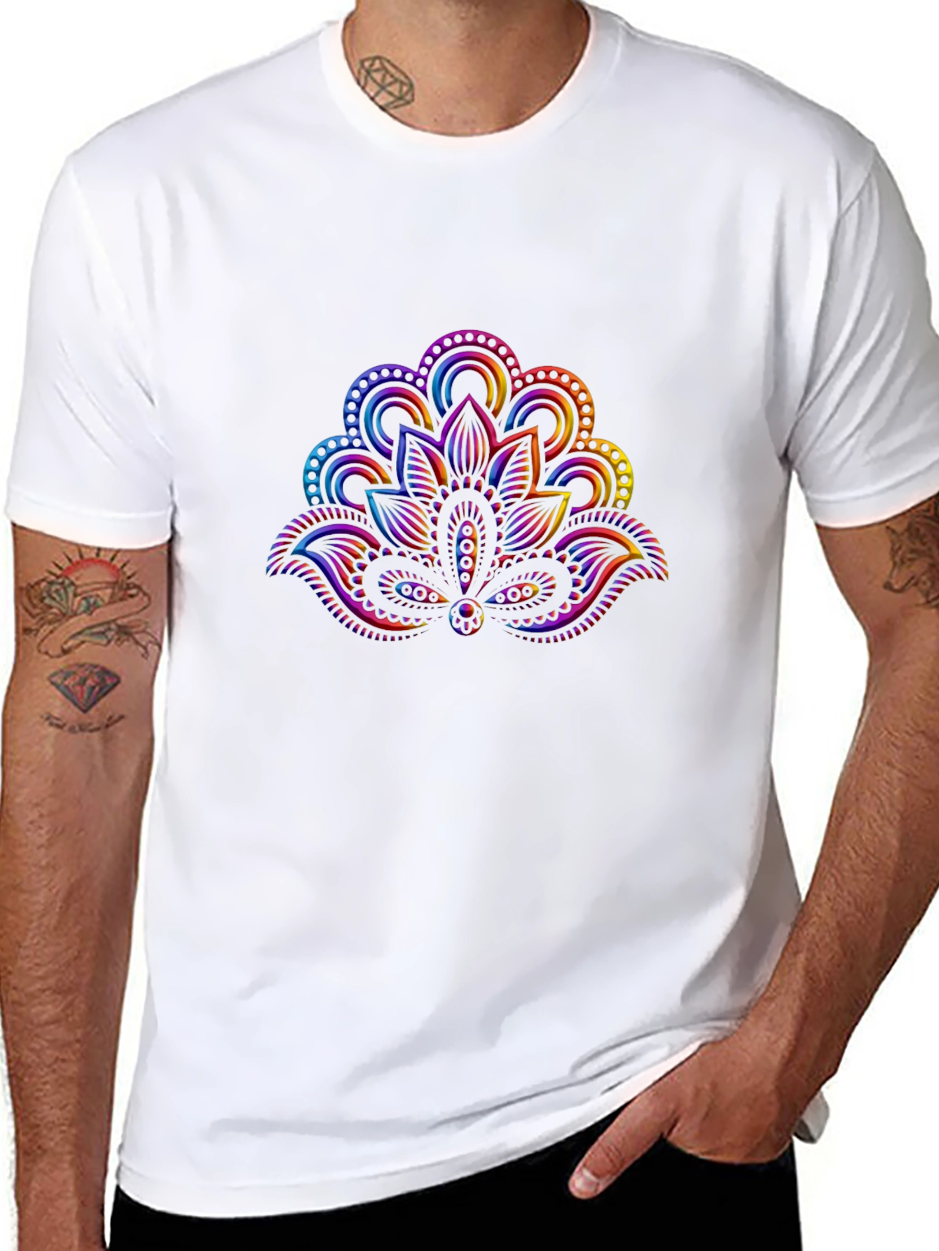 Rainbow Lotus Flower Graphic Black T-Shirt