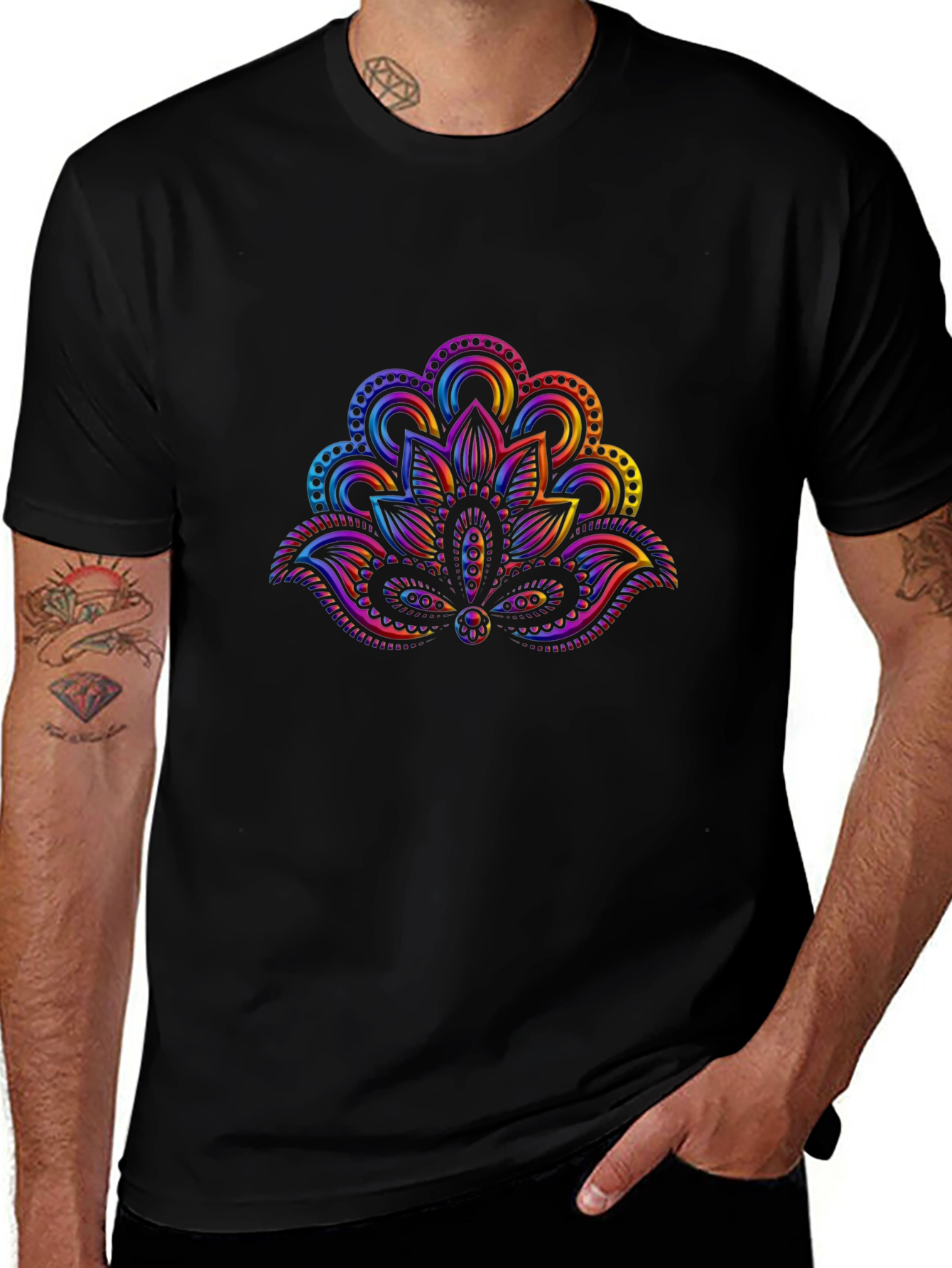 Rainbow Lotus Flower Graphic Black T-Shirt