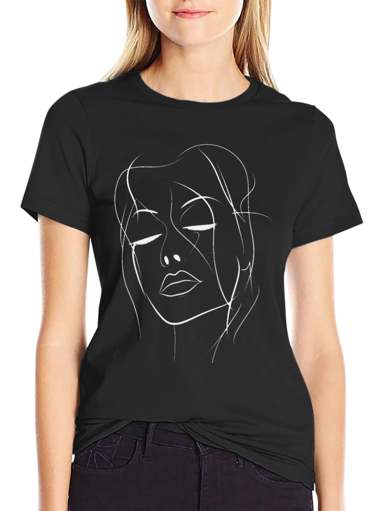 Minimalist Line Art Face Black T-Shirt