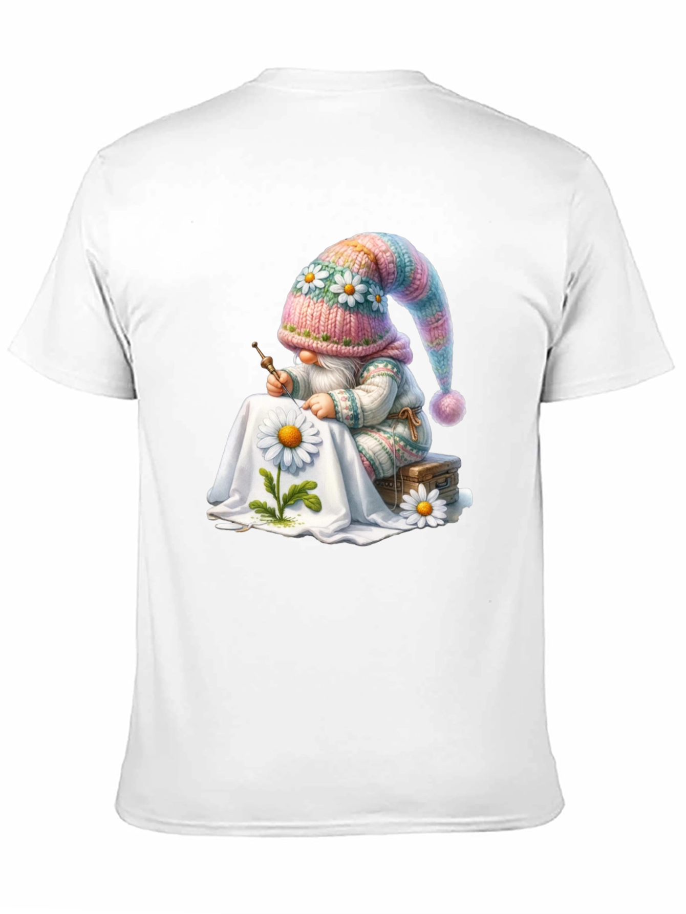Whimsical Gnome Embroidering Daisy T-Shirt