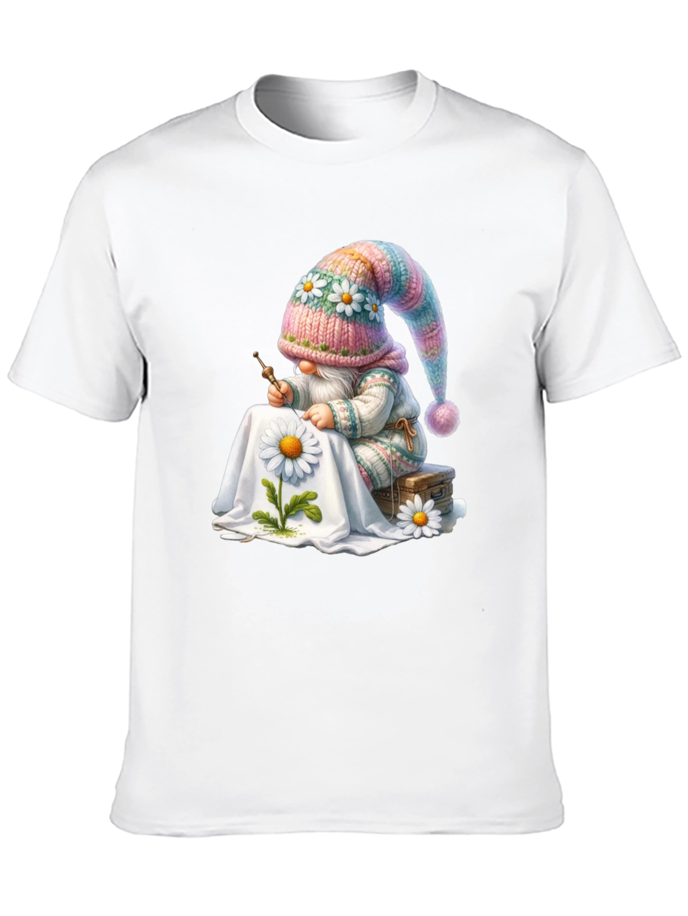 Whimsical Gnome Embroidering Daisy T-Shirt