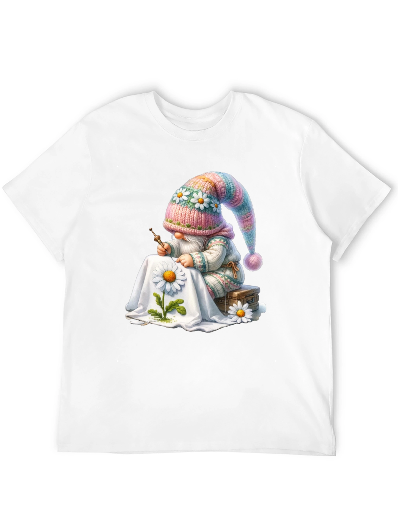 Whimsical Gnome Embroidering Daisy T-Shirt