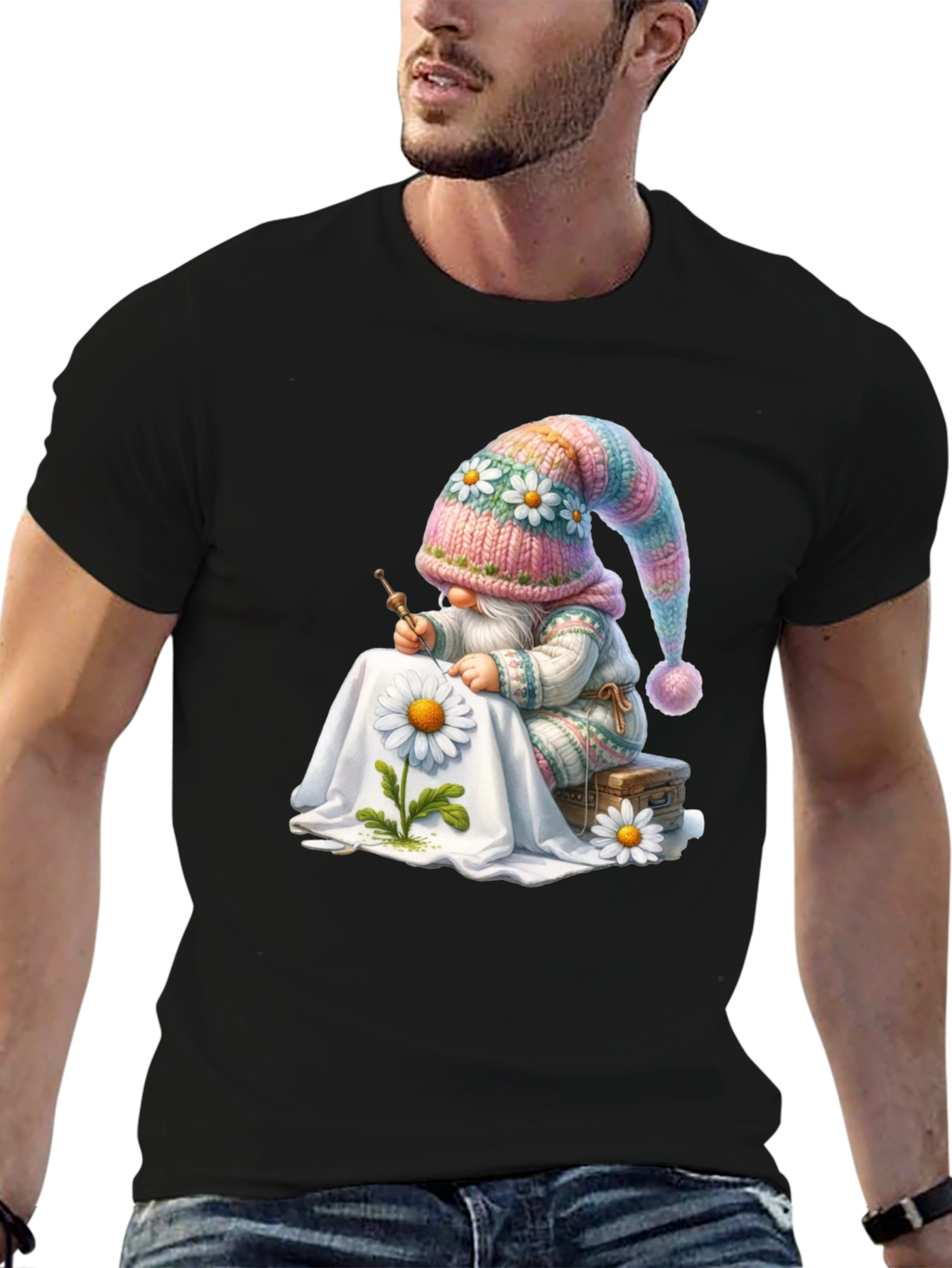 Whimsical Gnome Embroidering Daisy T-Shirt