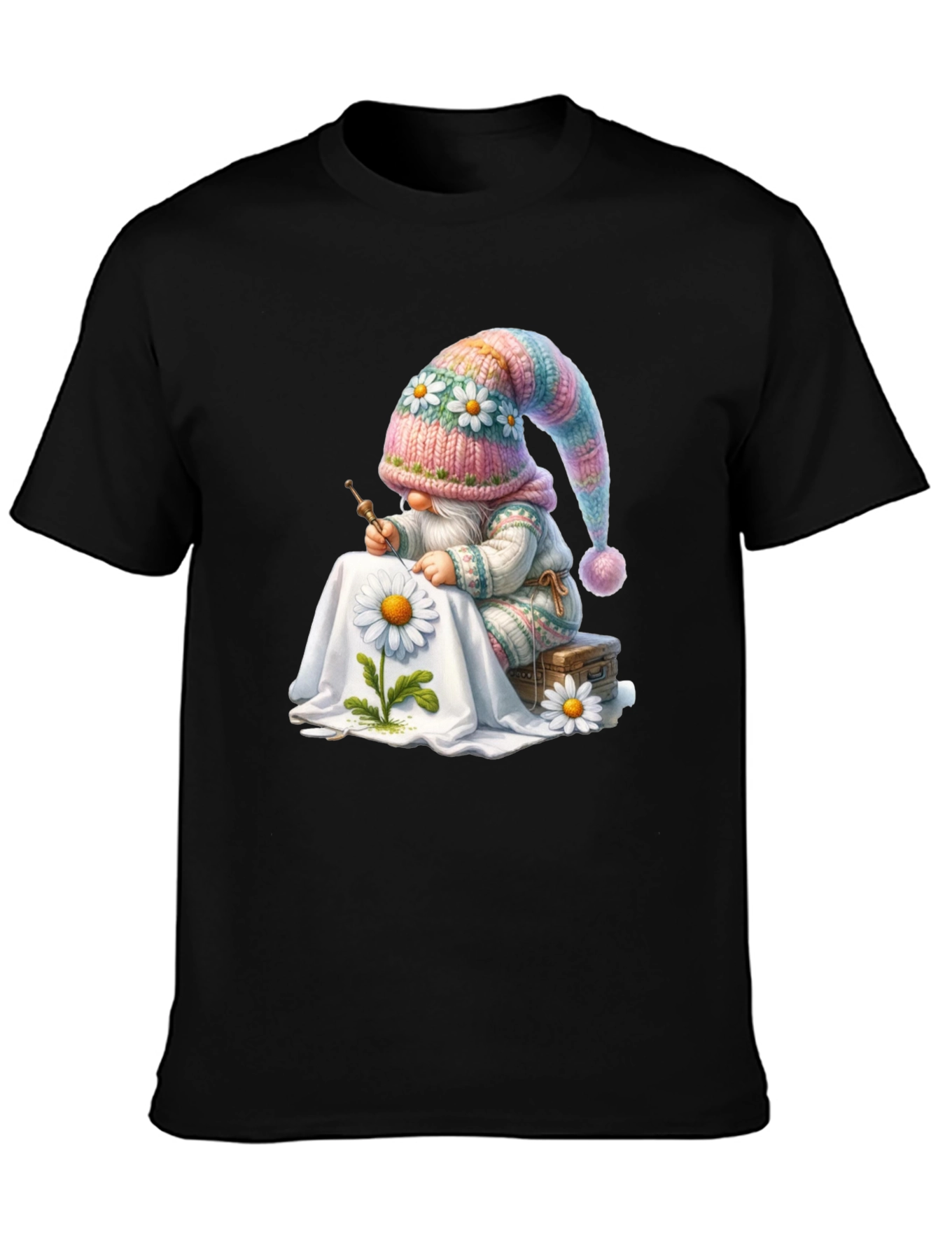 Whimsical Gnome Embroidering Daisy T-Shirt