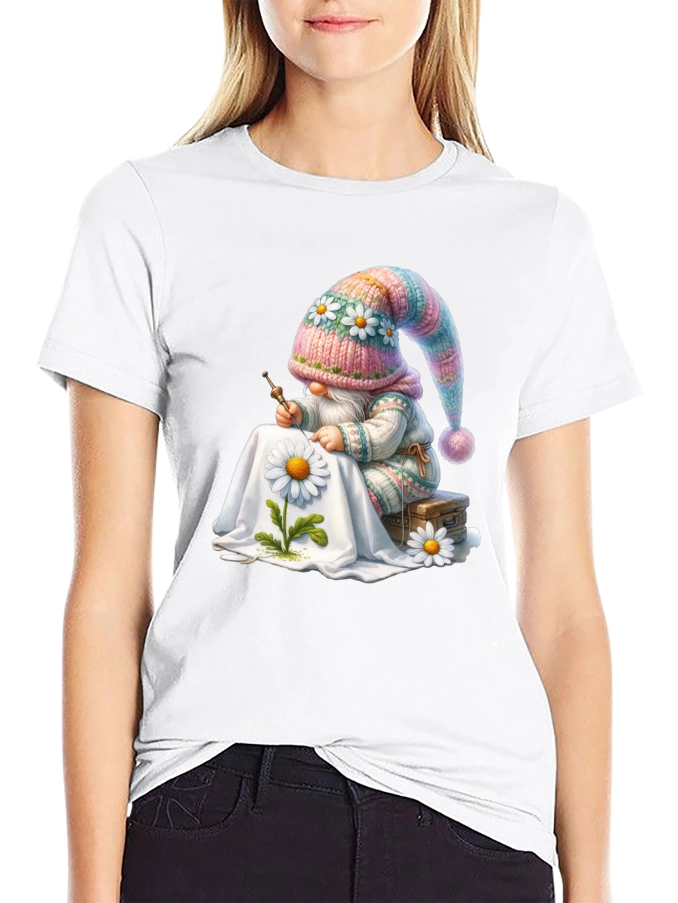 Whimsical Gnome Embroidering Daisy T-Shirt