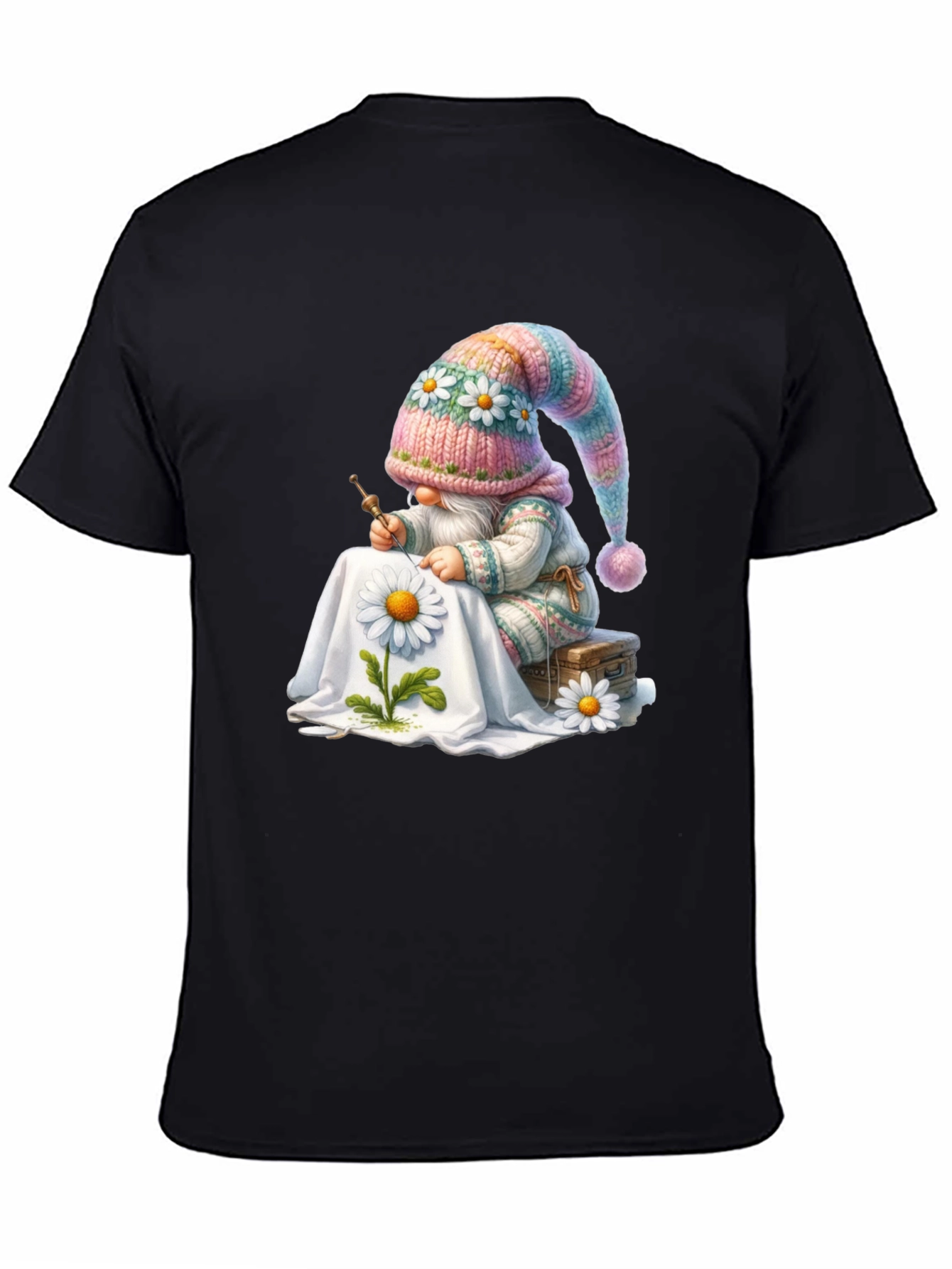 Whimsical Gnome Embroidering Daisy T-Shirt