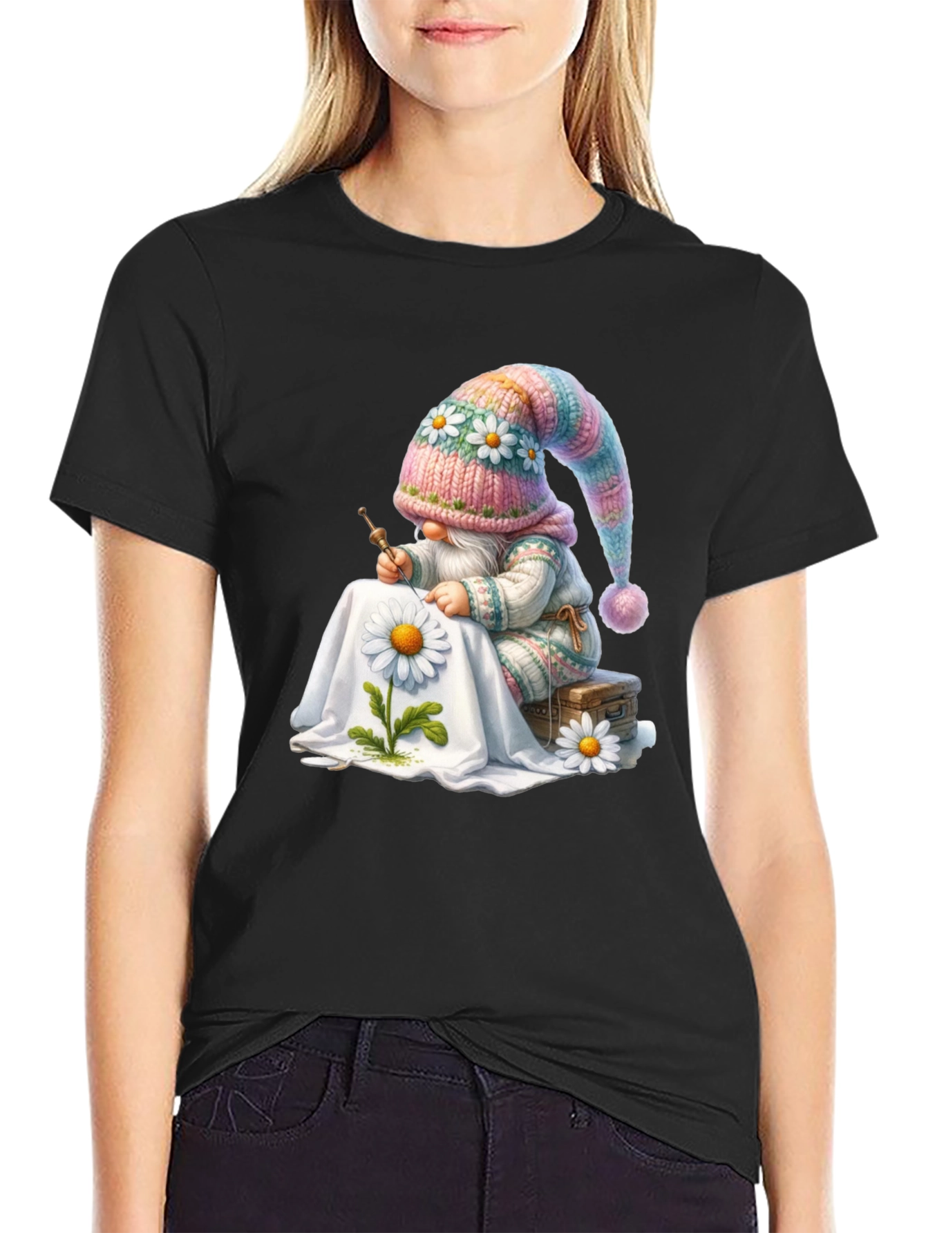 Whimsical Gnome Embroidering Daisy T-Shirt