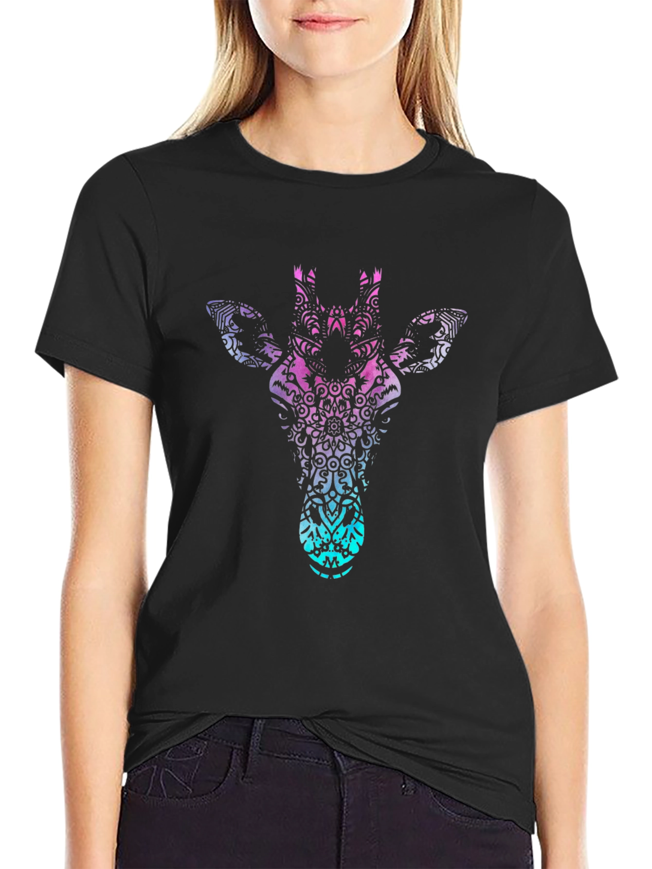 Mandala Giraffe Head Black T-Shirt